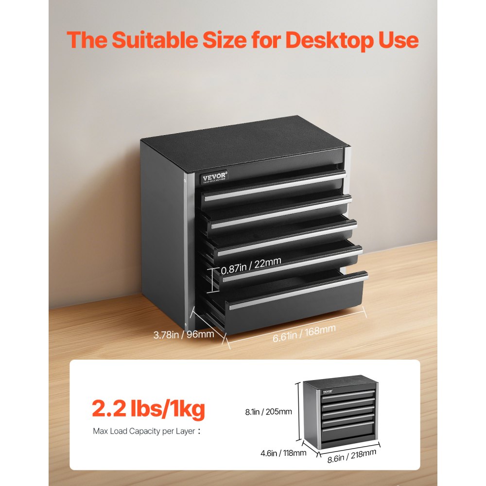 VEVOR Werkzeugkiste 218x118x205 mm, Werkzeugkasten aus Metall mit 5 Schubladen, Werkzeugkoffer mit EVA-Einlagen und PP-Fußpolstern, robuster Stahl mit Kugellageröffnung und Pulverbeschichtung, schwarz