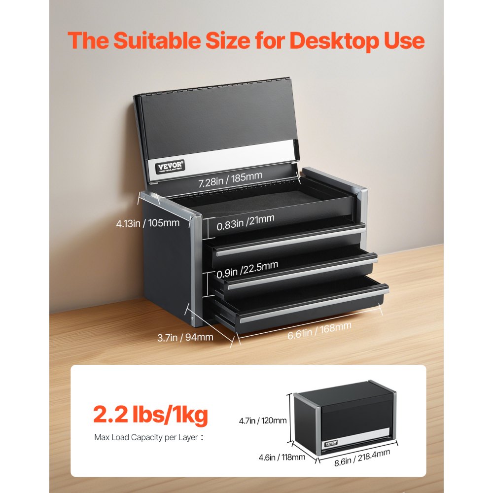 VEVOR Werkzeugkasten 218,4x118x120 mm, Werkzeugkiste mit 3 Schubladen, Werkzeugkoffer mit EVA-Einlagen und PP-Fußpolstern, robuster Stahl mit Kugellageröffnung und Pulverbeschichtung, schwarz