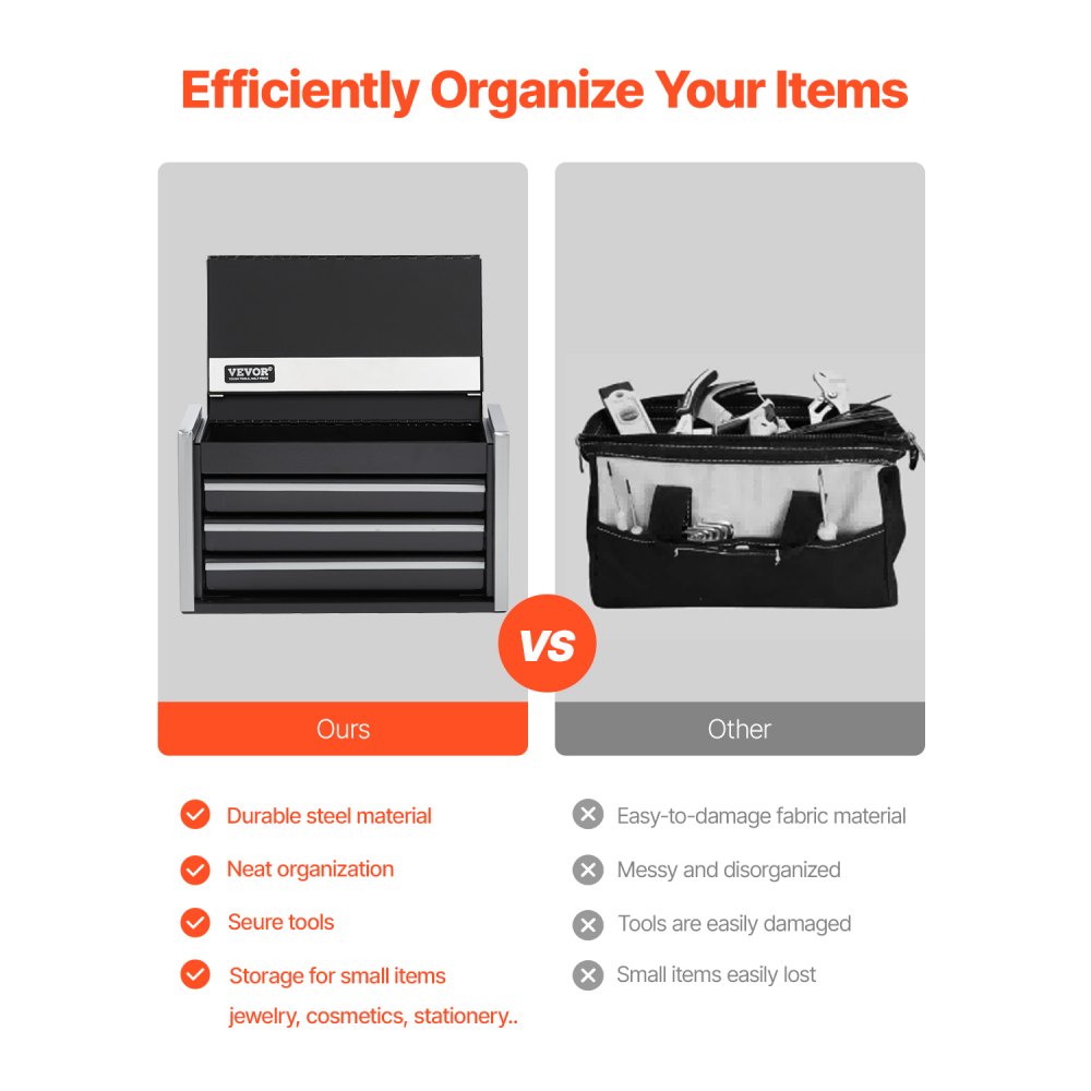 VEVOR Werkzeugkasten 218,4x118x120 mm, Werkzeugkiste mit 3 Schubladen, Werkzeugkoffer mit EVA-Einlagen und PP-Fußpolstern, robuster Stahl mit Kugellageröffnung und Pulverbeschichtung, schwarz