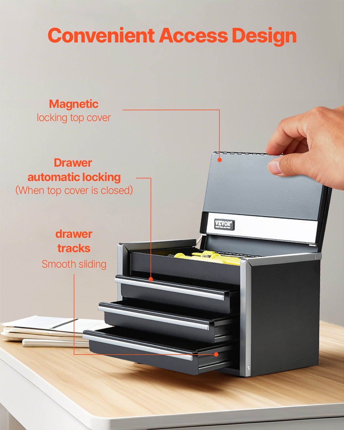 VEVOR Werkzeugkasten 218,4x118x120 mm, Werkzeugkiste mit 3 Schubladen, Werkzeugkoffer mit EVA-Einlagen und PP-Fußpolstern, robuster Stahl mit Kugellageröffnung und Pulverbeschichtung, schwarz