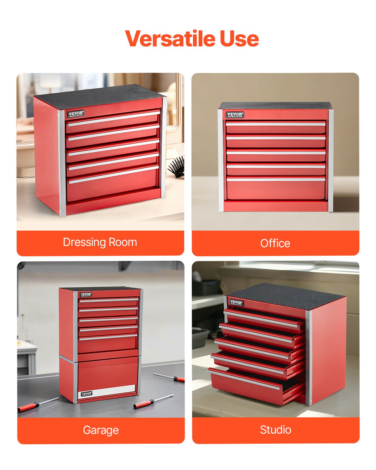 VEVOR Tool Box 218 x 118 x 205 mm, Metal Tool Box with 5 Drawers, Tool Case with EVA Inserts and PP Foot Pads, Robust Steel with Ball Bearing Opening and Powder Coating, Red
