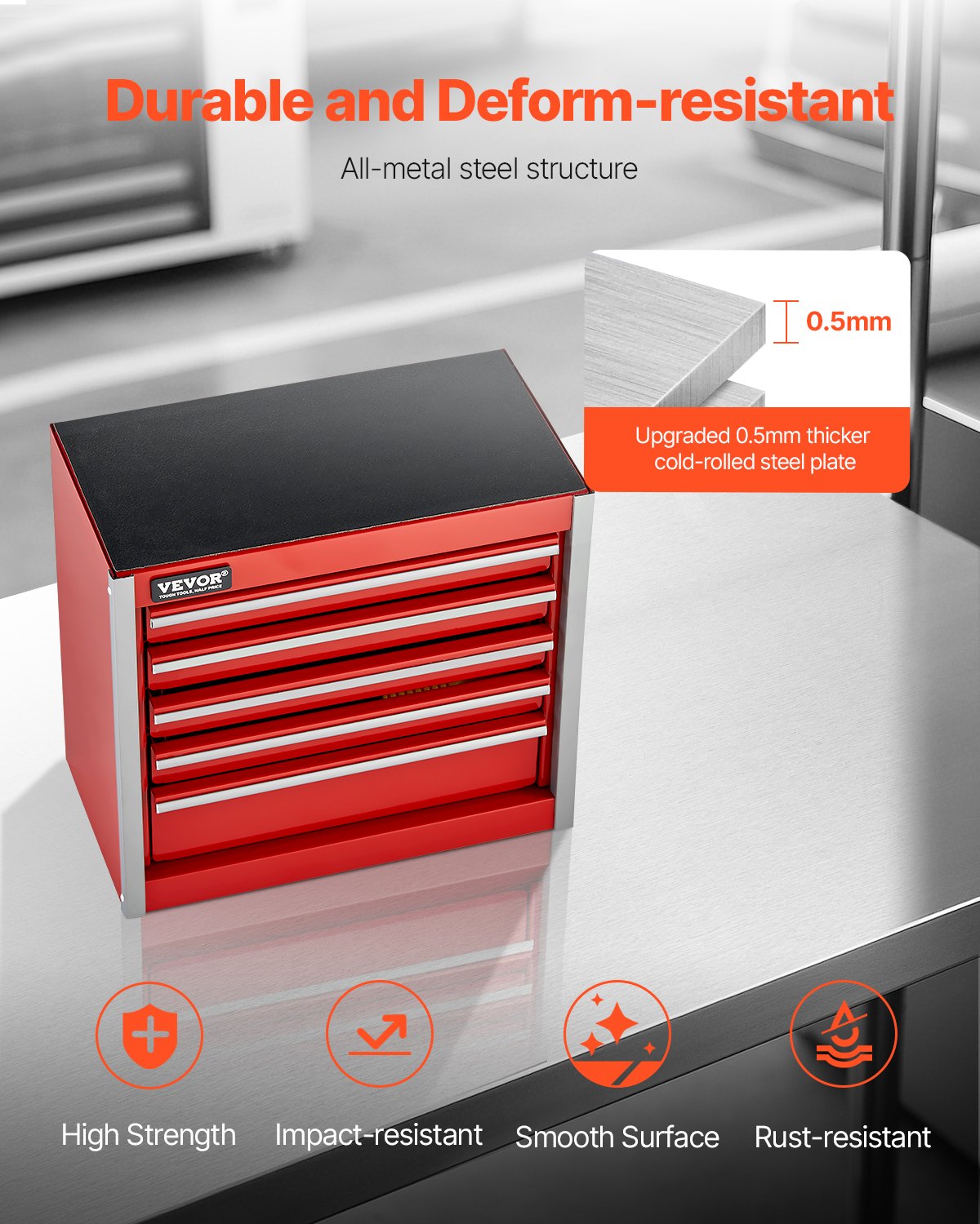 VEVOR Tool Box 218 x 118 x 205 mm, Metal Tool Box with 5 Drawers, Tool Case with EVA Inserts and PP Foot Pads, Robust Steel with Ball Bearing Opening and Powder Coating, Red