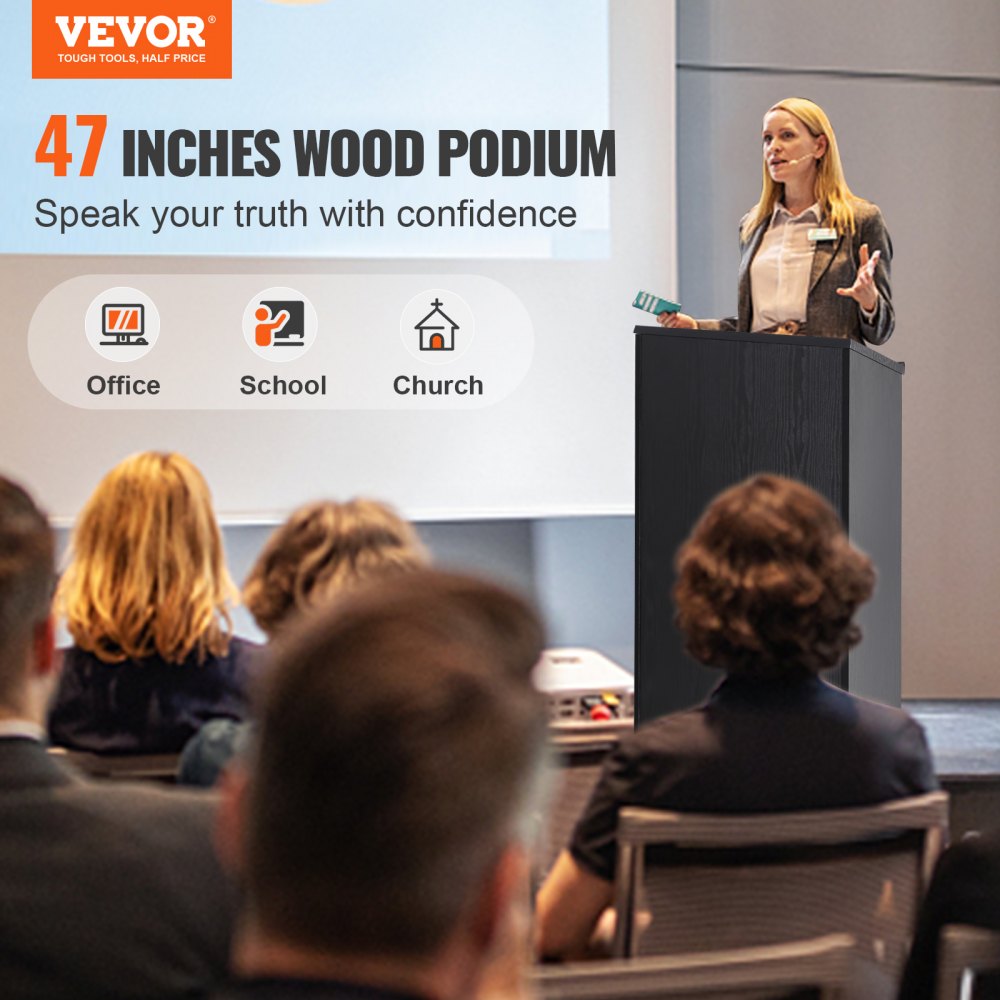 VEVOR Stehpult Rednerpult 600 x 360 x 1200 mm, Podium-Ständer mit Breiter Lesefläche und Aufbewahrungsregal, Stehschreibtisch für Kirche, Büro, Schule, Schwarzes Podium 30 kg Tragfähigkeit Schwarz