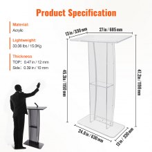VEVOR Acryl-Podium, 47" hoch, klarer Acryl-Podiumsständer mit breiter Lesefläche und Ablagefach, bodenstehende, klare Kanzeln aus Acryl für Kirche, Büro, Schule