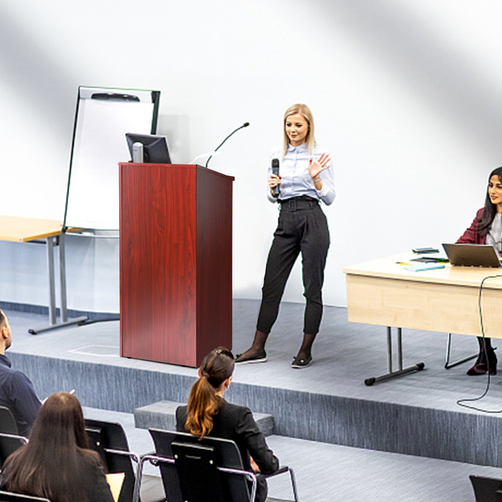 VEVOR Podiumsständer, 47 Zoll Hostessenständer mit 4 rollenden Rädern, Holzpodest mit Lagerregalen und schräger Schreibtischplatte, Rednerpulte und Podien für Kirche, Büro, Schule, Zuhause, Braun