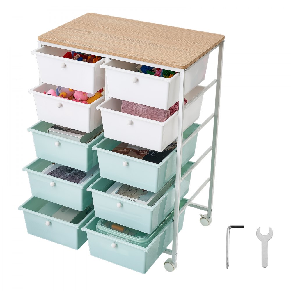 VEVOR Rollwagen mit 10 Schubladen Doppelreihe PP 630x390x895mm Blau Weiß, Metallgestell, Holztischplatte, Handgriffe, Lenkrolle mit 2 Bremsen, Mobiler Schubladenwagen für Büro Werkstatt Bastelzimmer