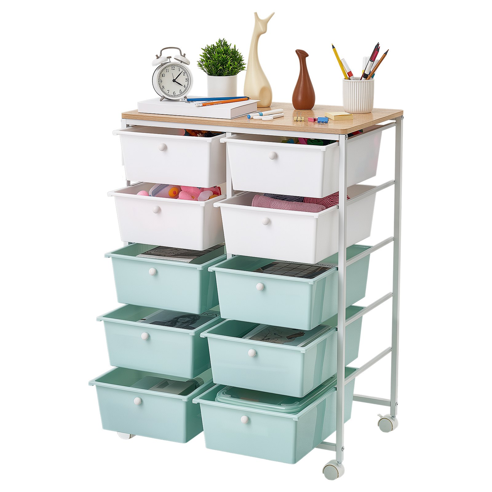 VEVOR Rollwagen mit 10 Schubladen Doppelreihe PP 630x390x895mm Blau Weiß, Metallgestell, Holztischplatte, Handgriffe, Lenkrolle mit 2 Bremsen, Mobiler Schubladenwagen für Büro Werkstatt Bastelzimmer