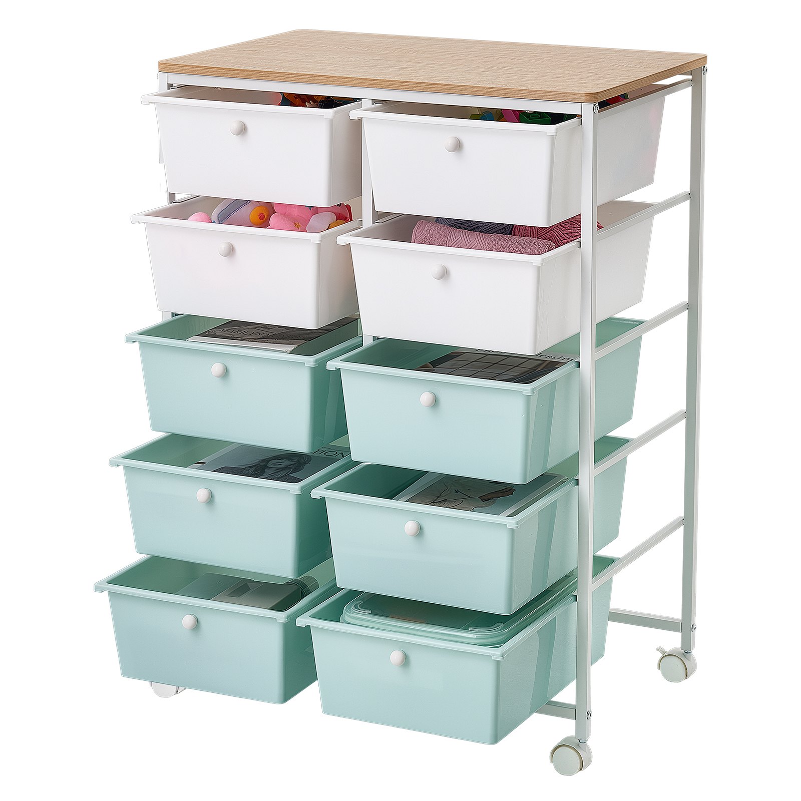 VEVOR Rollwagen mit 10 Schubladen Doppelreihe PP 630x390x895mm Blau Weiß, Metallgestell, Holztischplatte, Handgriffe, Lenkrolle mit 2 Bremsen, Mobiler Schubladenwagen für Büro Werkstatt Bastelzimmer