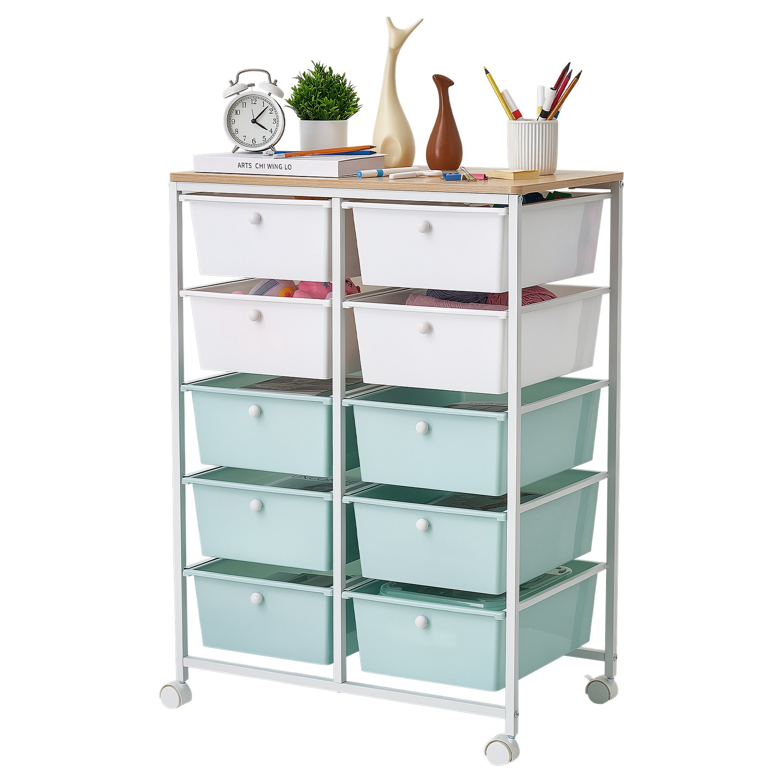VEVOR Rollwagen mit 10 Schubladen Doppelreihe PP 630x390x895mm Blau Weiß, Metallgestell, Holztischplatte, Handgriffe, Lenkrolle mit 2 Bremsen, Mobiler Schubladenwagen für Büro Werkstatt Bastelzimmer