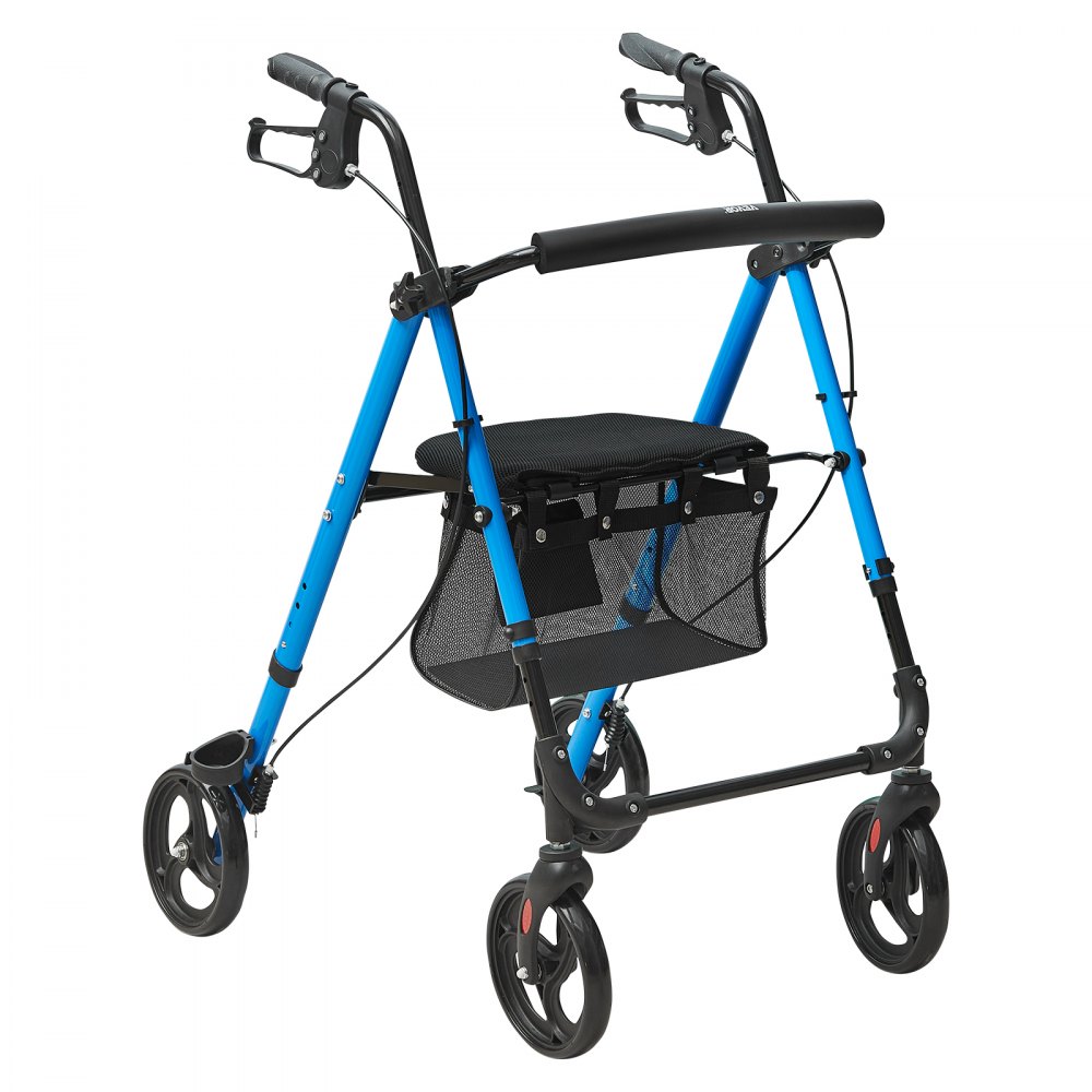 blauer VEVOR Rollator mit Netzkorb, vier Rädern, gepolstertem Sitz und ergonomischen Handbremsen.