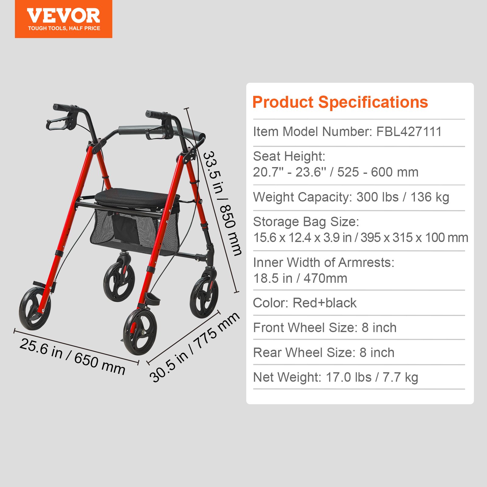 VEVOR Rollator für Senioren, faltbarer Leichtgewichtsrollator aus Aluminium mit verstellbarem Sitz und Griff, Outdoor-Mobilitätsrollator mit 8-Zoll-All-Terrain-Rädern, 136 kg Tragkraft Rot