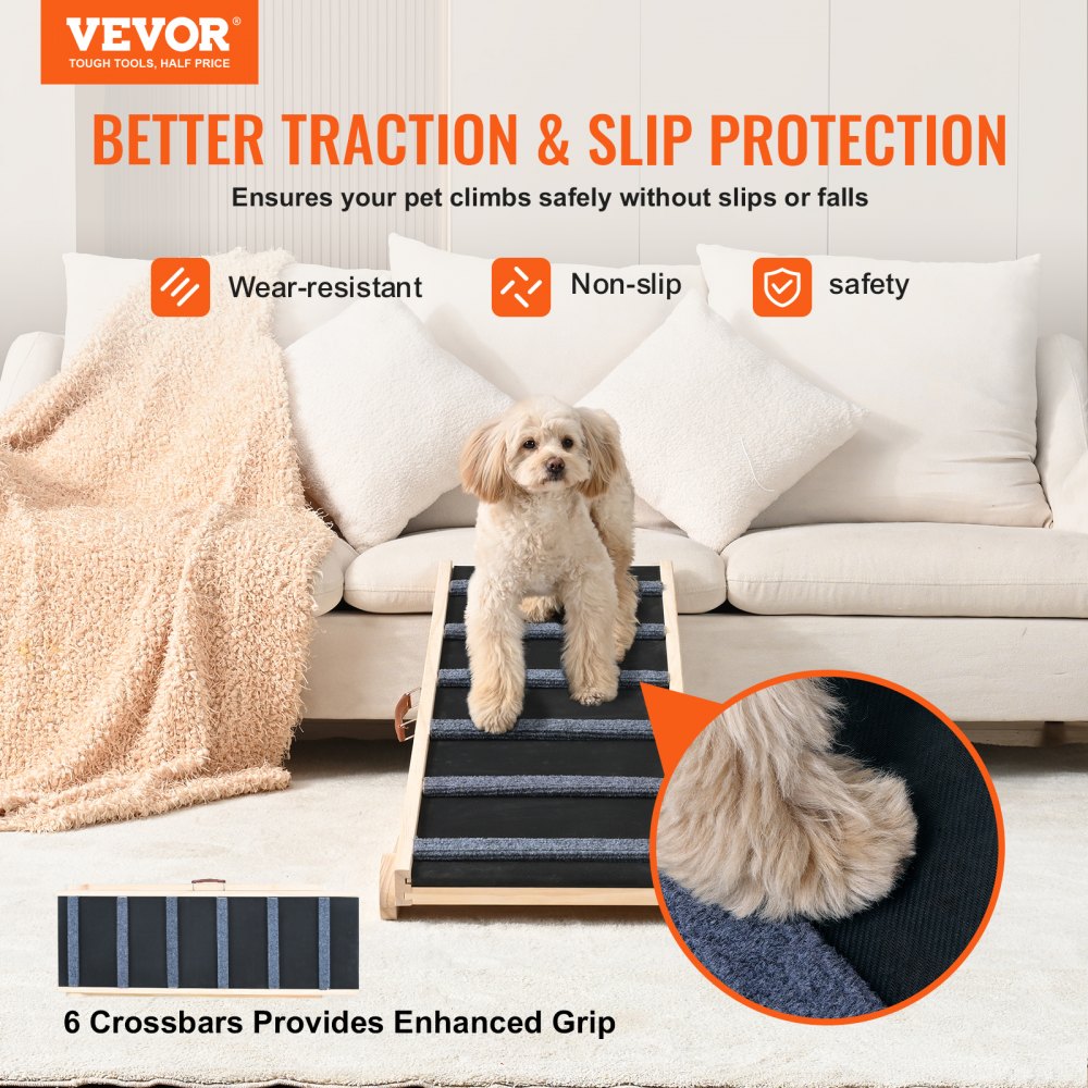 VEVOR Hunderampe 1m lang Hundetreppe mit 6 Querstangen Hundeautorampe aus Kiefernholz Gummi Hundeeinstiegshilfe 6-stufige Höheneinstellungen Tierrampe ca. 113kg Tragfähigkeit für große kleine Hunde