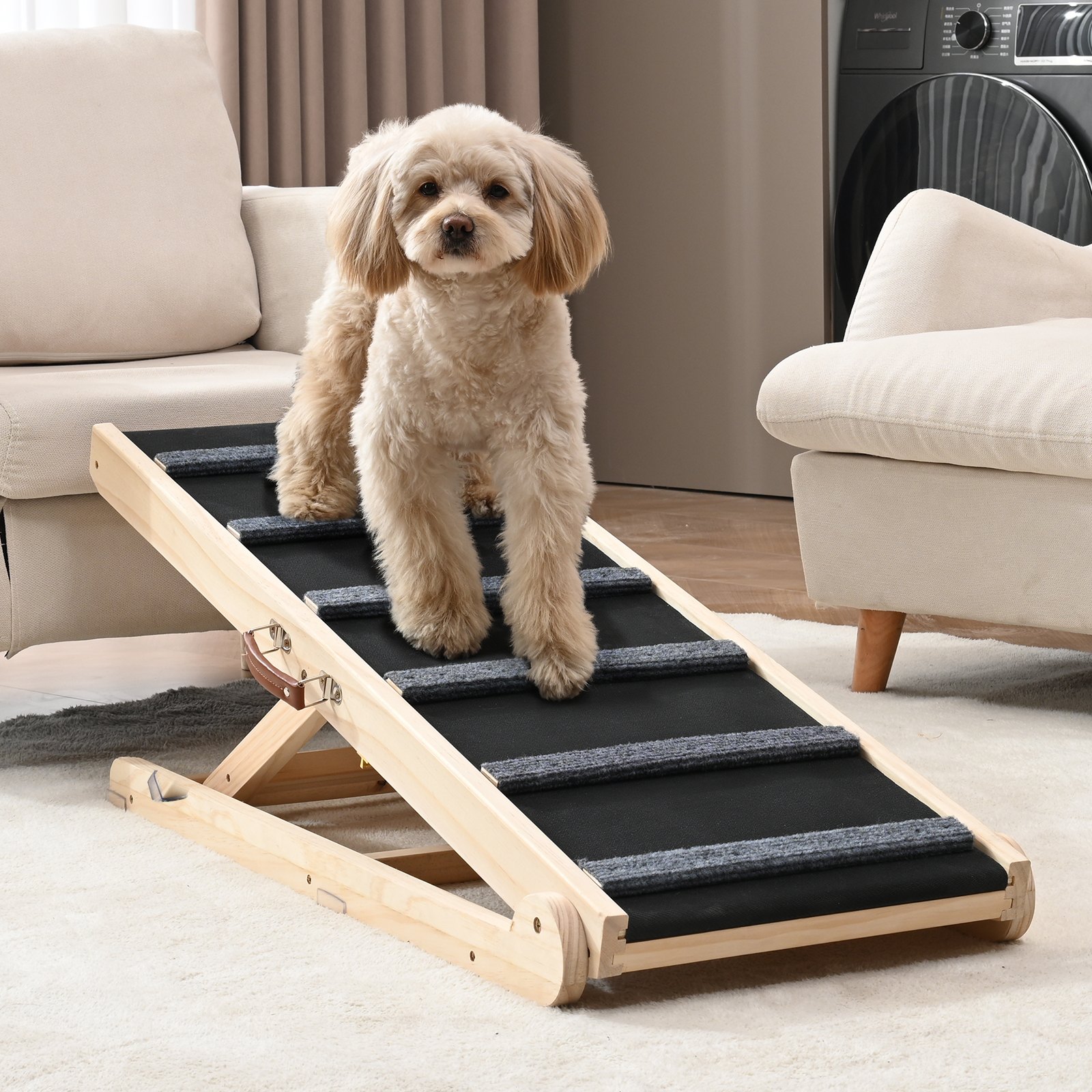 VEVOR Dog Ramp 1m Long Dog Stairs with 6 Crossbars Dog Car Ramp Made of Pine Wood Rubber Dog Entry Aid 6-Step Height Settings Pet Ramp Approx. 113kg Load Capacity for Large and Small Dogs