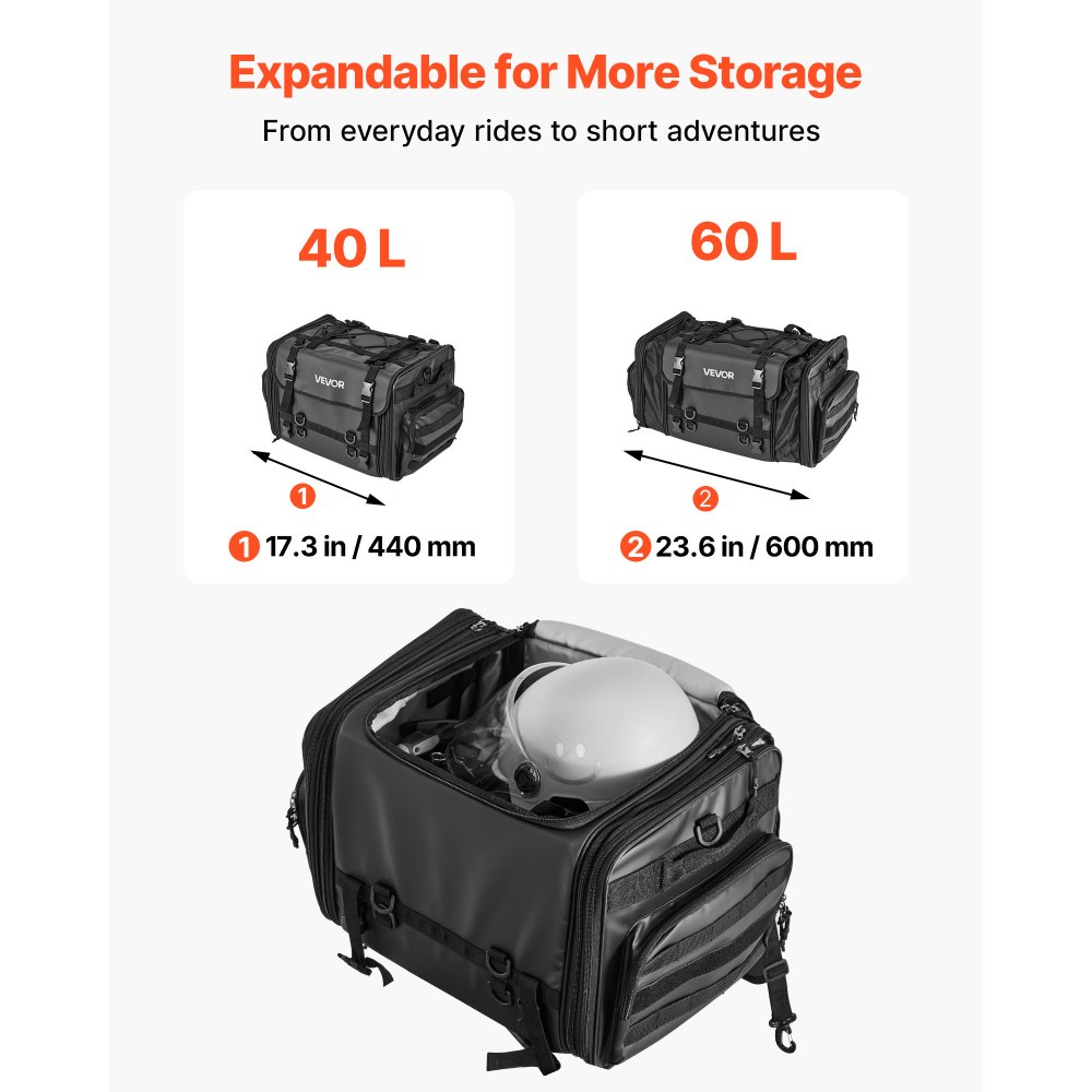 VEVOR Motorcycle Tail Bag, 40-60 L Expandable Motorcycle Rear Seat Bag with Waterproof Rain Cover, Foldable Outdoor Sports Motorbike Luggage Storage with Shoulder Straps, Pocket & Elastic Cord, Black