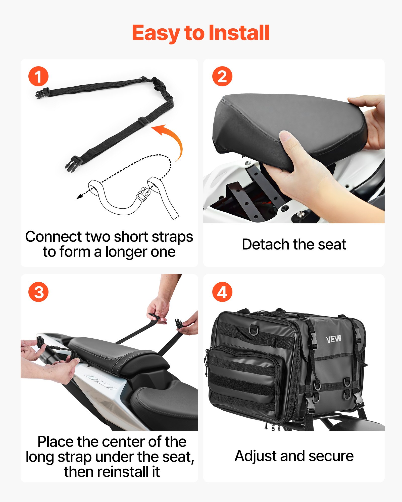 VEVOR Motorcycle Tail Bag, 40-60 L Expandable Motorcycle Rear Seat Bag with Waterproof Rain Cover, Foldable Outdoor Sports Motorbike Luggage Storage with Shoulder Straps, Pocket & Elastic Cord, Black