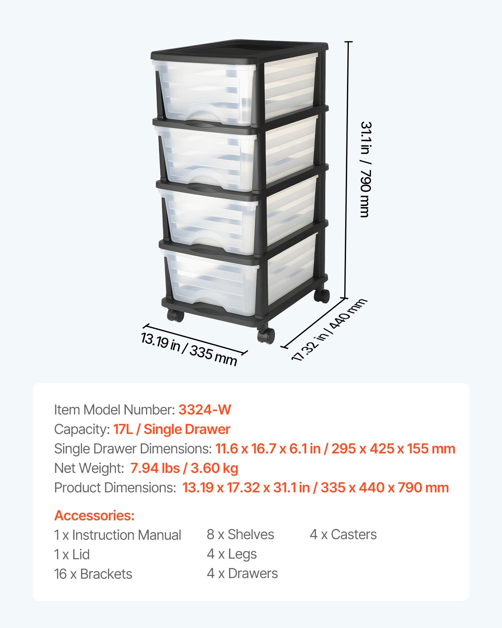 VEVOR Schubladenwagen Schubladenschrank mit 4 Schubladen (17 L / per), rollbarer Schubladen-Container Schubladenbox mit durchsichtigen Behältern für Bürobedarf Bastelräume Klassenzimmer