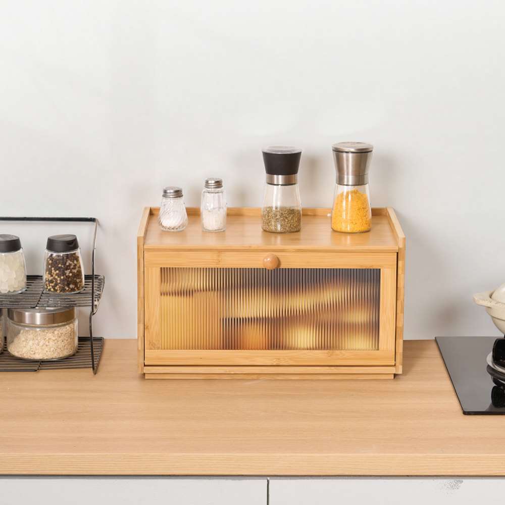 VEVOR Brotkasten für Küchentheke Brotbehälter Brotbox Brot-Organizer aus Holz für selbstgebackenes Brot, Aufbewahrungsbehälter mit gewellter Acryl-Türplatte, Brotaufbewahrung Natur
