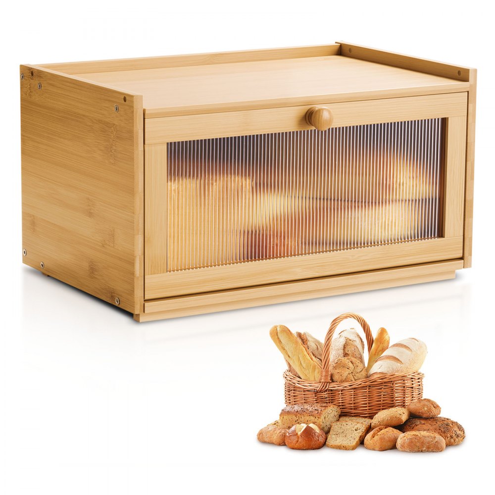 VEVOR Brotkasten für Küchentheke Brotbehälter Brotbox Brot-Organizer aus Holz für selbstgebackenes Brot, Aufbewahrungsbehälter mit gewellter Acryl-Türplatte, Brotaufbewahrung Natur