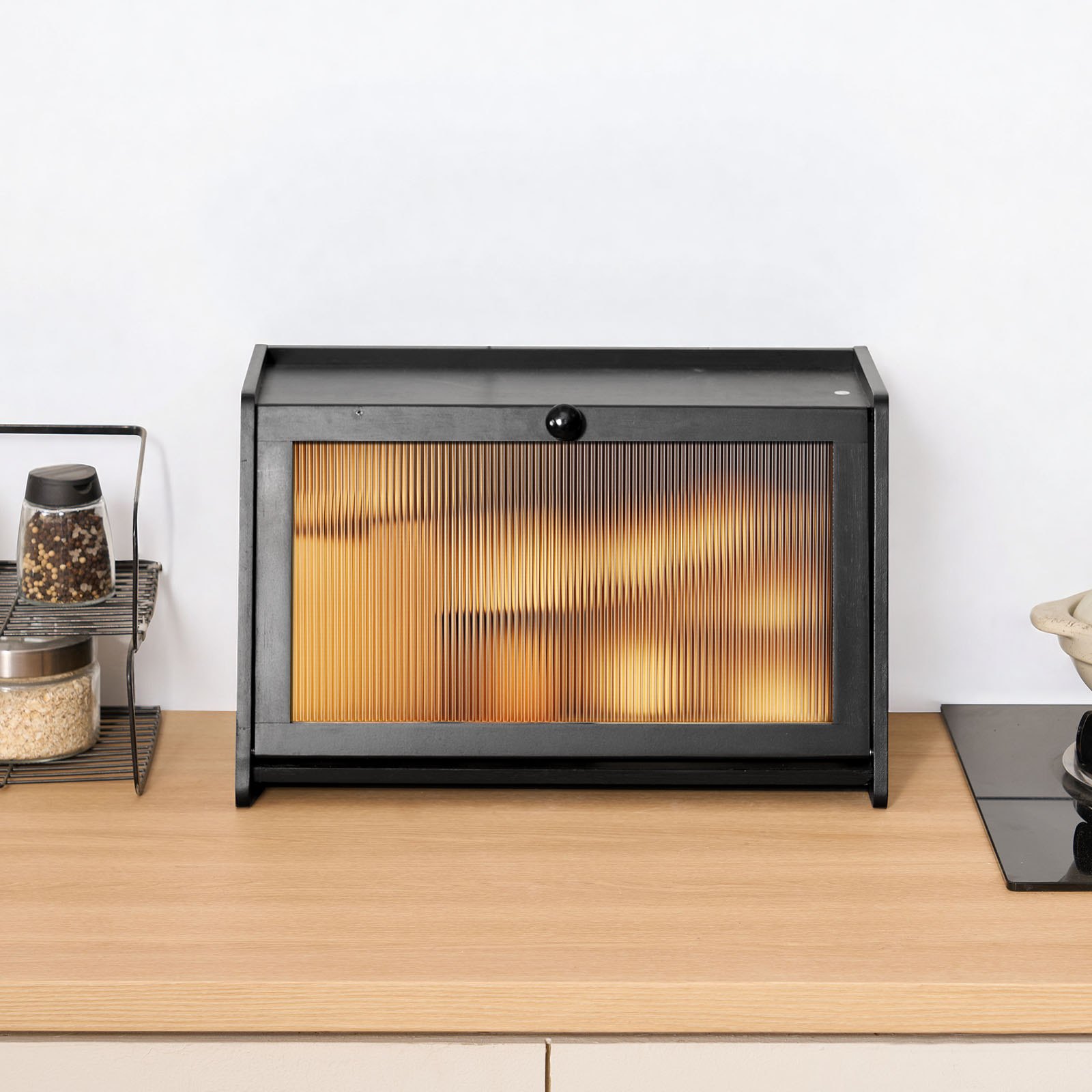 VEVOR Brotkasten für Küchentheke Brotbehälter Brotbox Brot-Organizer aus Holz für selbstgebackenes Brot, Aufbewahrungsbehälter mit gewellter Acryl-Türplatte, Brotaufbewahrung Schwarz