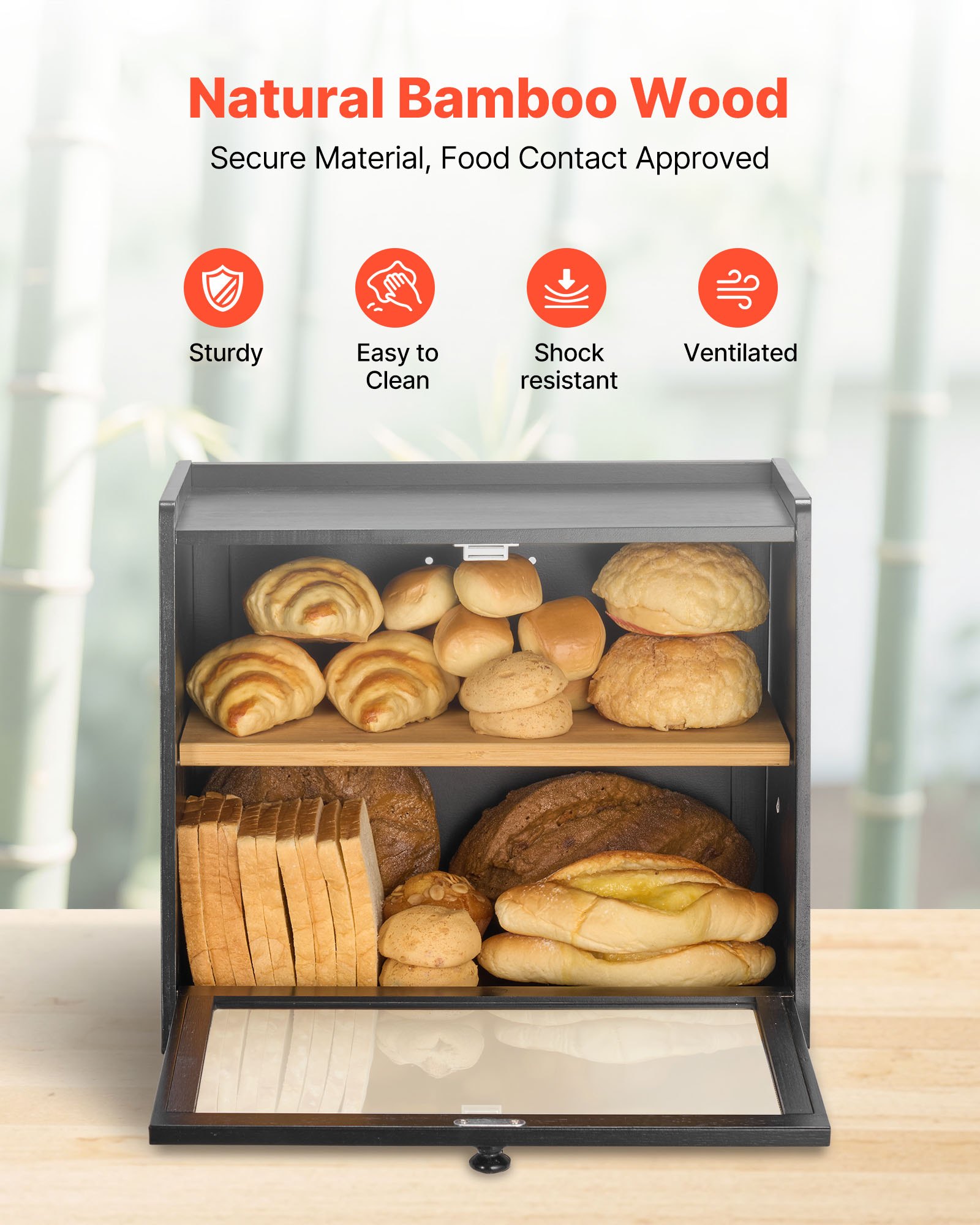 VEVOR Doppellagiger Brotkasten für Küchentheke Brotbehälter Brotbox Organizer aus Holz für selbstgebackenes Brot, Aufbewahrungsbehälter mit gewellter Acryl-Türplatte, Brotaufbewahrung Schwarz