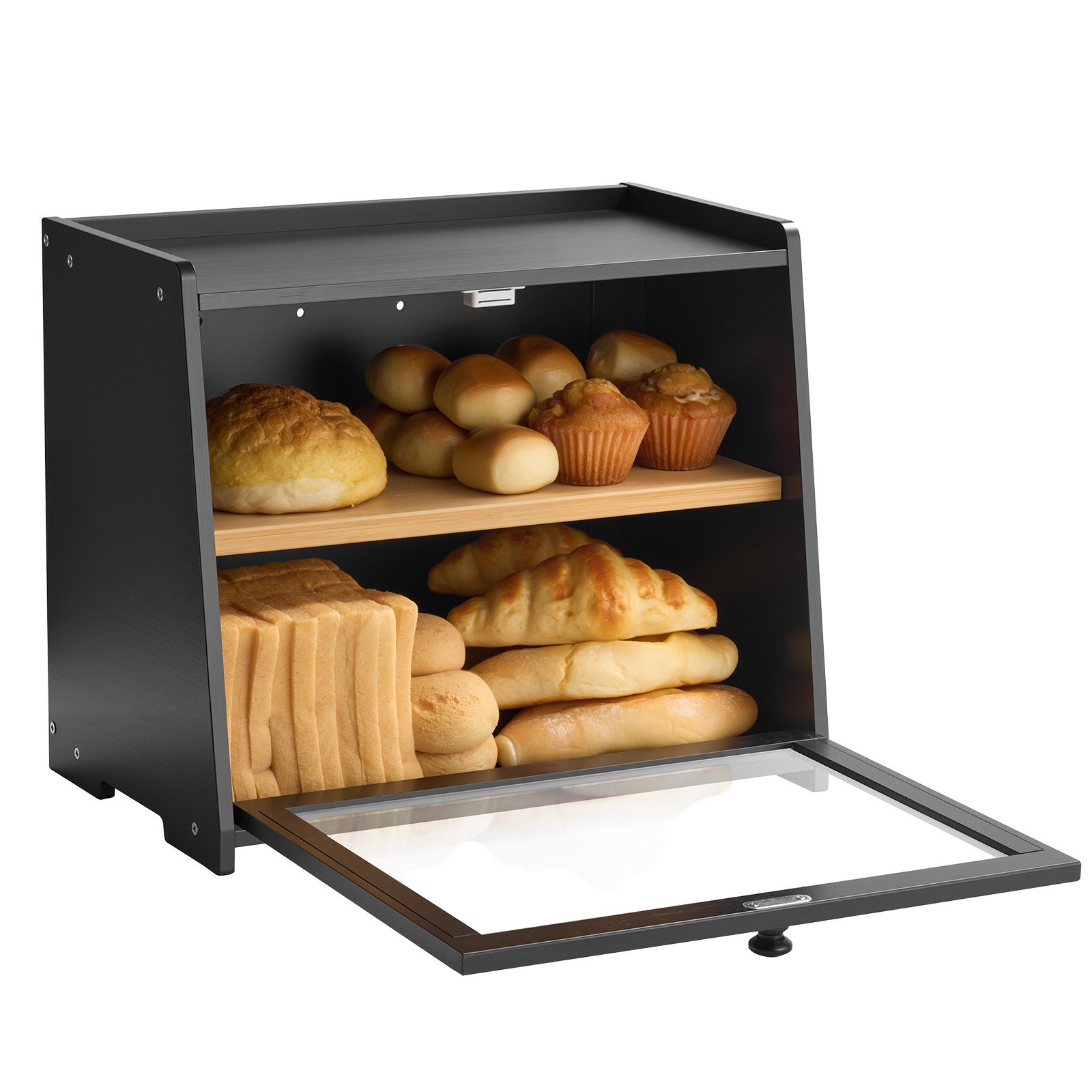 VEVOR Doppellagiger Brotkasten für Küchentheke Brotbehälter Brotbox Organizer aus Holz für selbstgebackenes Brot, Aufbewahrungsbehälter mit gewellter Acryl-Türplatte, Brotaufbewahrung Schwarz