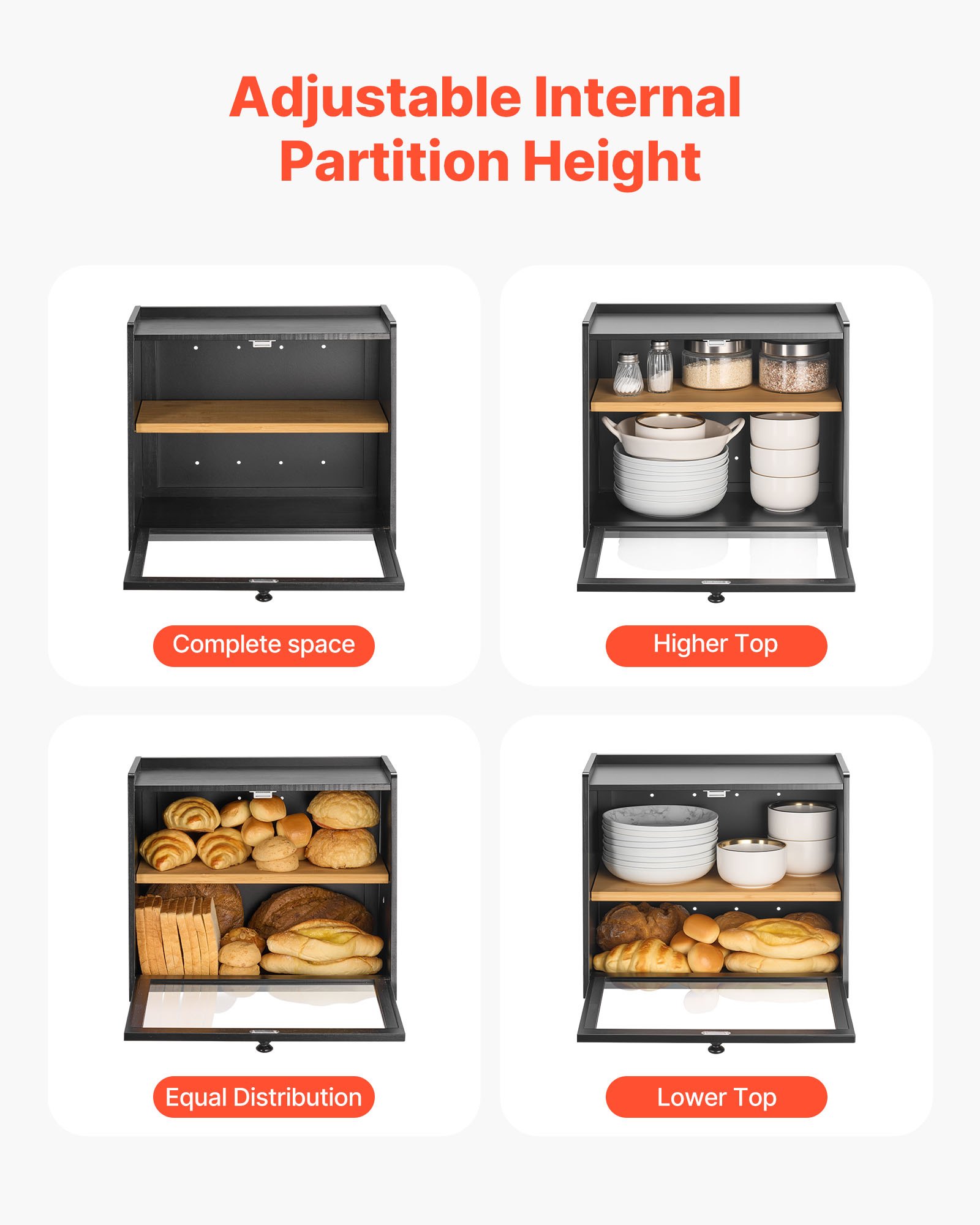 VEVOR Double Layer Bread Box for Kitchen Counter, Large Capacity Bamboo Bread Storage Container, Farmhouse Wooden Breadbox for Homemade Bread, Storage Holder Bin with Acrylic Wavy Door Panel, Black