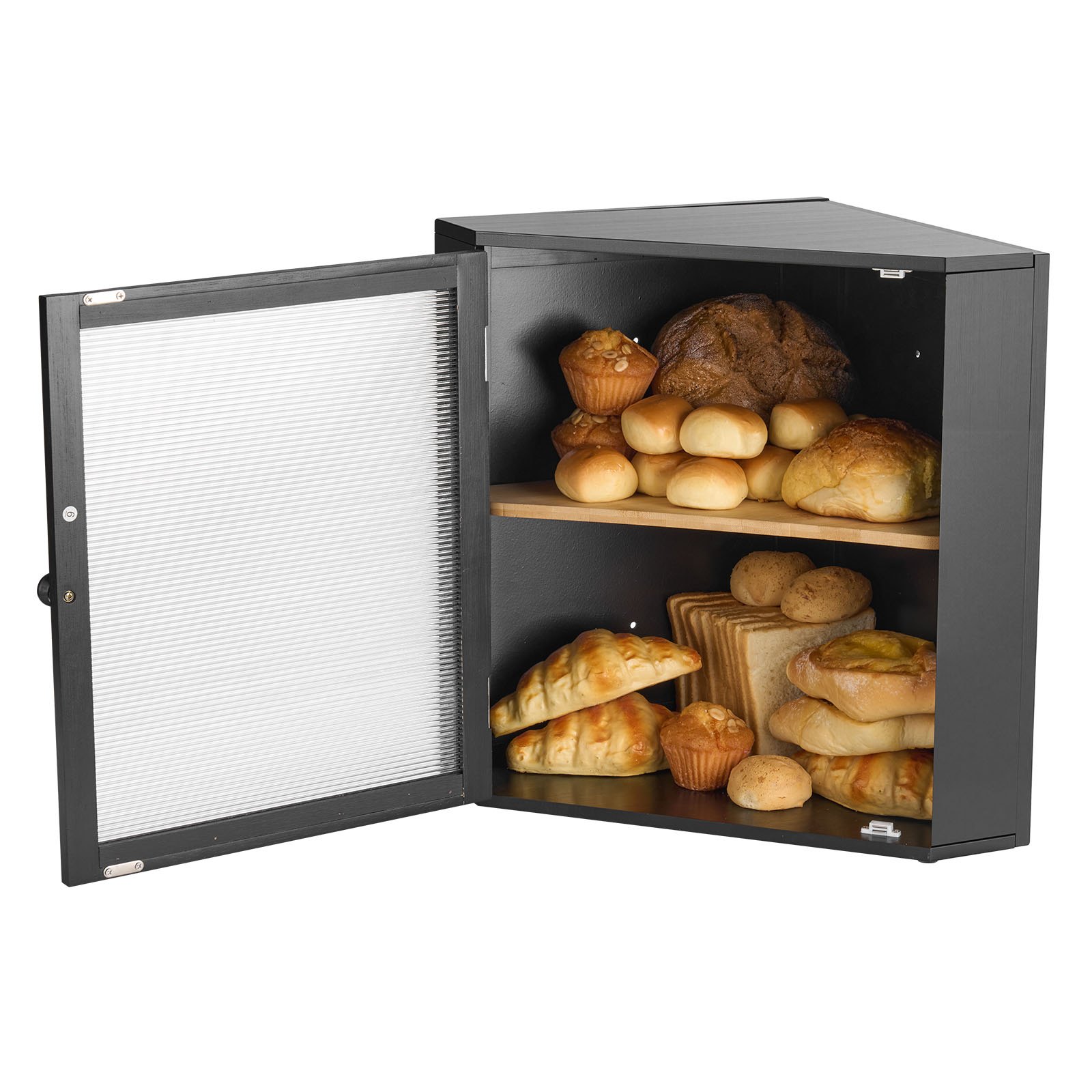 VEVOR Eck-Brotkasten doppellagiger Brotbehälter Brotbox Organizer aus Holz für selbstgebackenes Brot, Aufbewahrungsbehälter mit gewellter Acryl-Türplatte, Brotaufbewahrung Lagerung Schwarz
