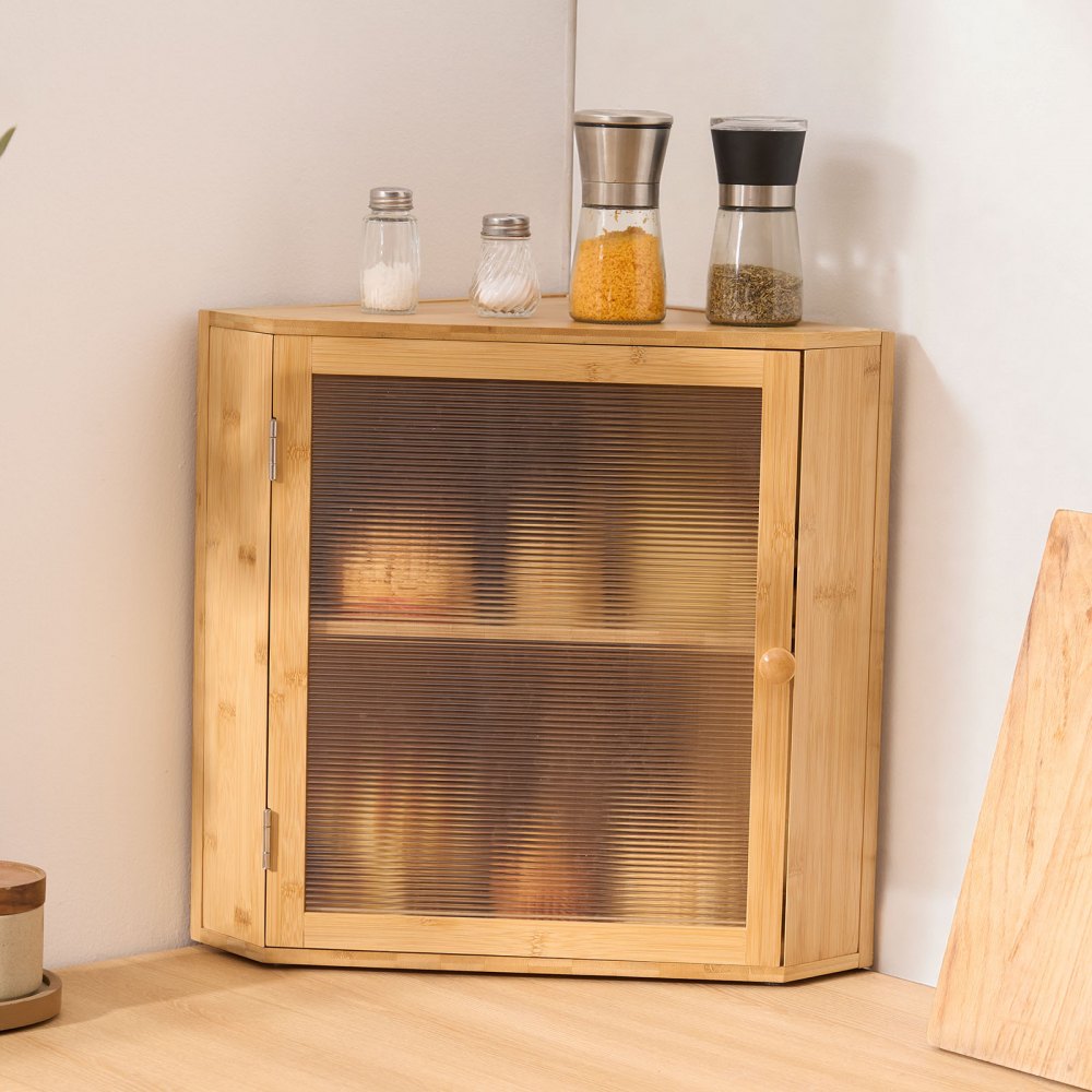 VEVOR Eck-Brotkasten doppellagiger Brotbehälter Brotbox Organizer aus Holz für selbstgebackenes Brot, Aufbewahrungsbehälter mit gewellter Acryl-Türplatte, Brotaufbewahrung Lagerung Natur