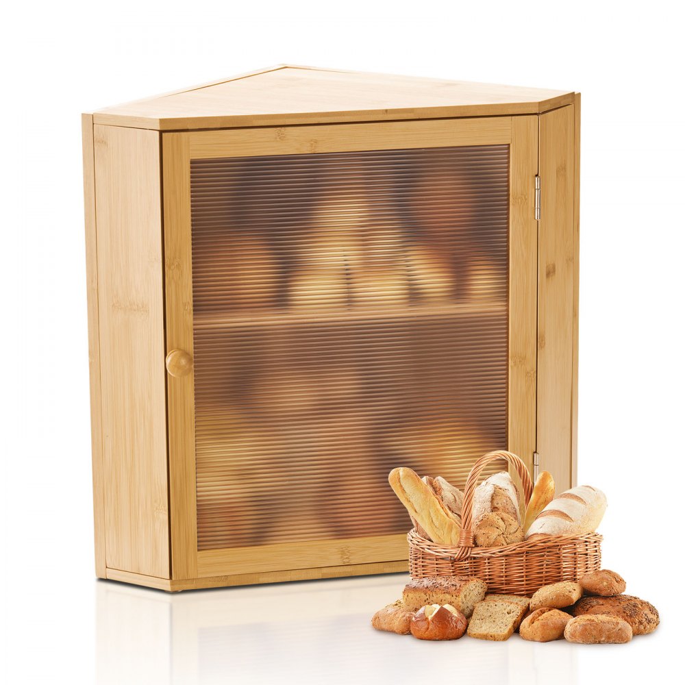 VEVOR Eck-Brotkasten doppellagiger Brotbehälter Brotbox Organizer aus Holz für selbstgebackenes Brot, Aufbewahrungsbehälter mit gewellter Acryl-Türplatte, Brotaufbewahrung Lagerung Natur