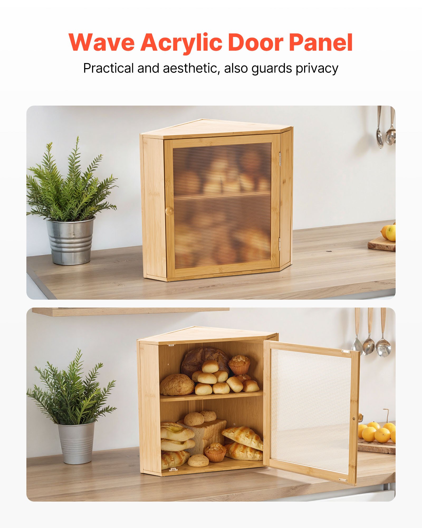 VEVOR Eck-Brotkasten doppellagiger Brotbehälter Brotbox Organizer aus Holz für selbstgebackenes Brot, Aufbewahrungsbehälter mit gewellter Acryl-Türplatte, Brotaufbewahrung Lagerung Natur