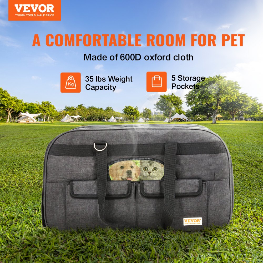 VEVOR Dog Trolley, Foldable Dog Backpack, Max. 15.8kg Load Capacity, Transport Bag Made of 600D Oxford Fabric, Dog Stroller with 4 Wheels, Storage Pockets, Pet Trolley, Ideal for Car Trips and Outings