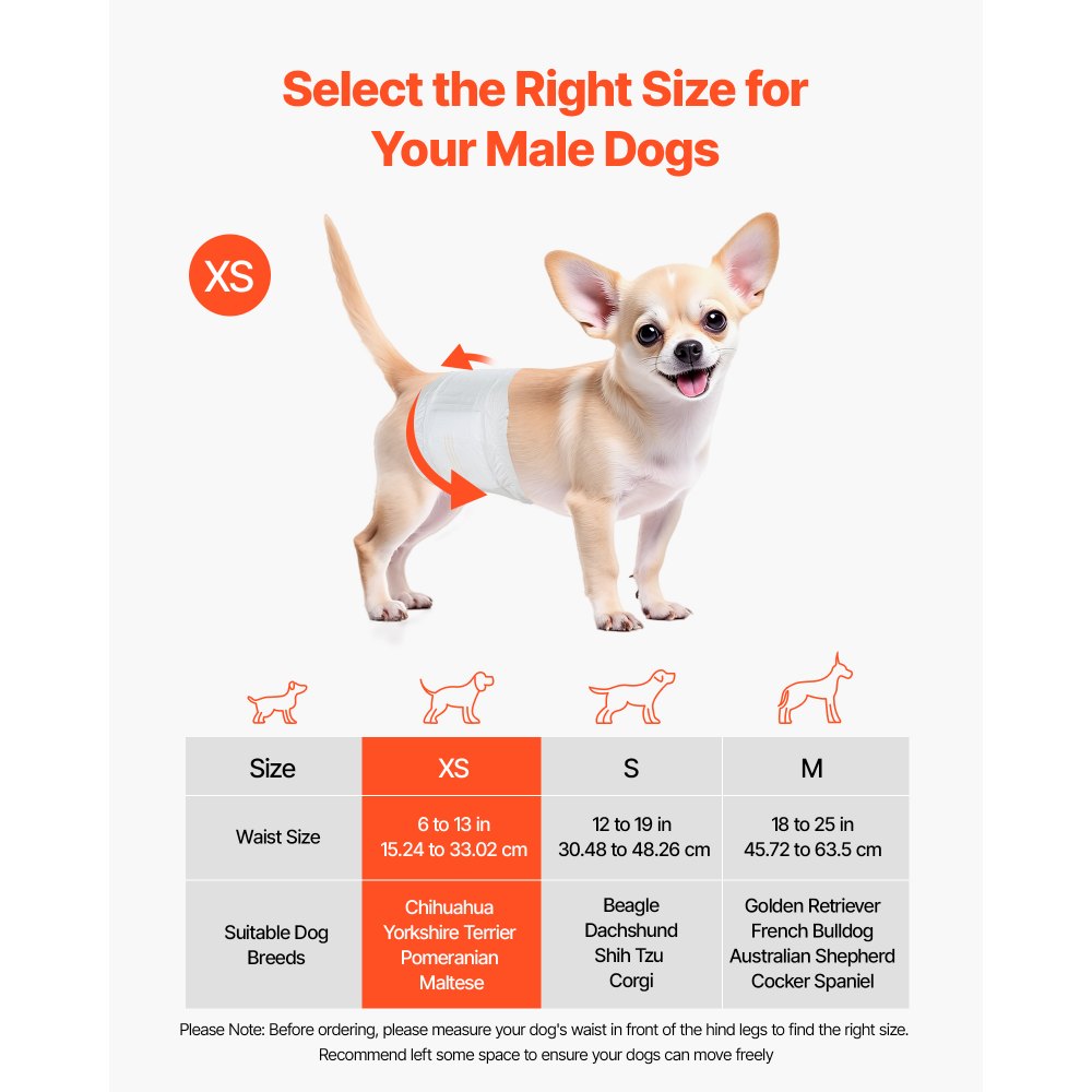 VEVOR Hundewindeln, 30,48–48,26 cm Taillenumfang, Einwegwindeln, Rüdenwindeln, 360° auslaufsichere Bauchbänder mit Nässeindikator für Rüden, Training, Inkontinenz, XS, 2 Packungen à 72 Stk.