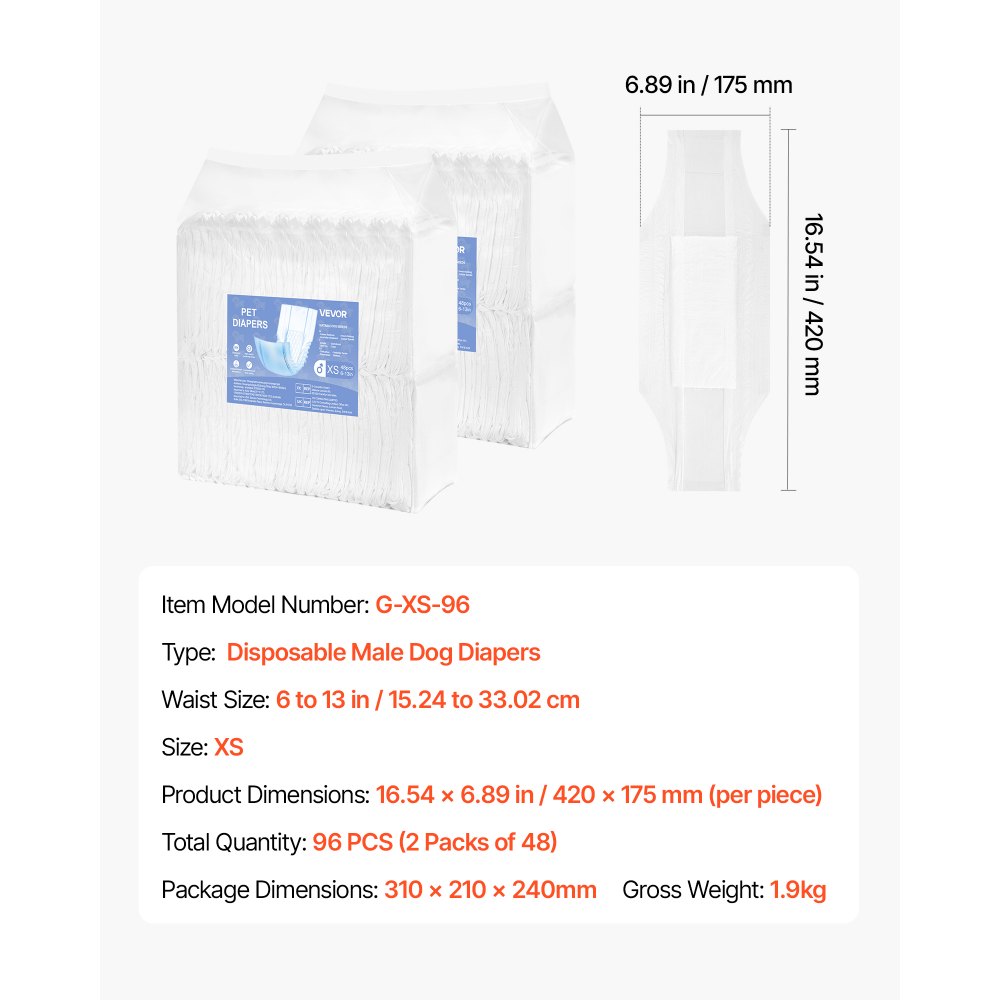 VEVOR Disposable Male Dog Diapers, Super Absorbent Male Dog Wraps, 360 ° Leak-Proof Belly Bands with Wetness Indicator for Doggies in Heat, Training, Incontinence - XS, 96 Count (2 Packs of 48)