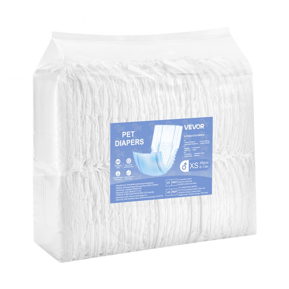 VEVOR Disposable Male Dog Diapers, Super Absorbent Male Dog Wraps, 360 ° Leak-Proof Belly Bands with Wetness Indicator for Doggies in Heat, Training, Incontinence - XS, 96 Count (2 Packs of 48)