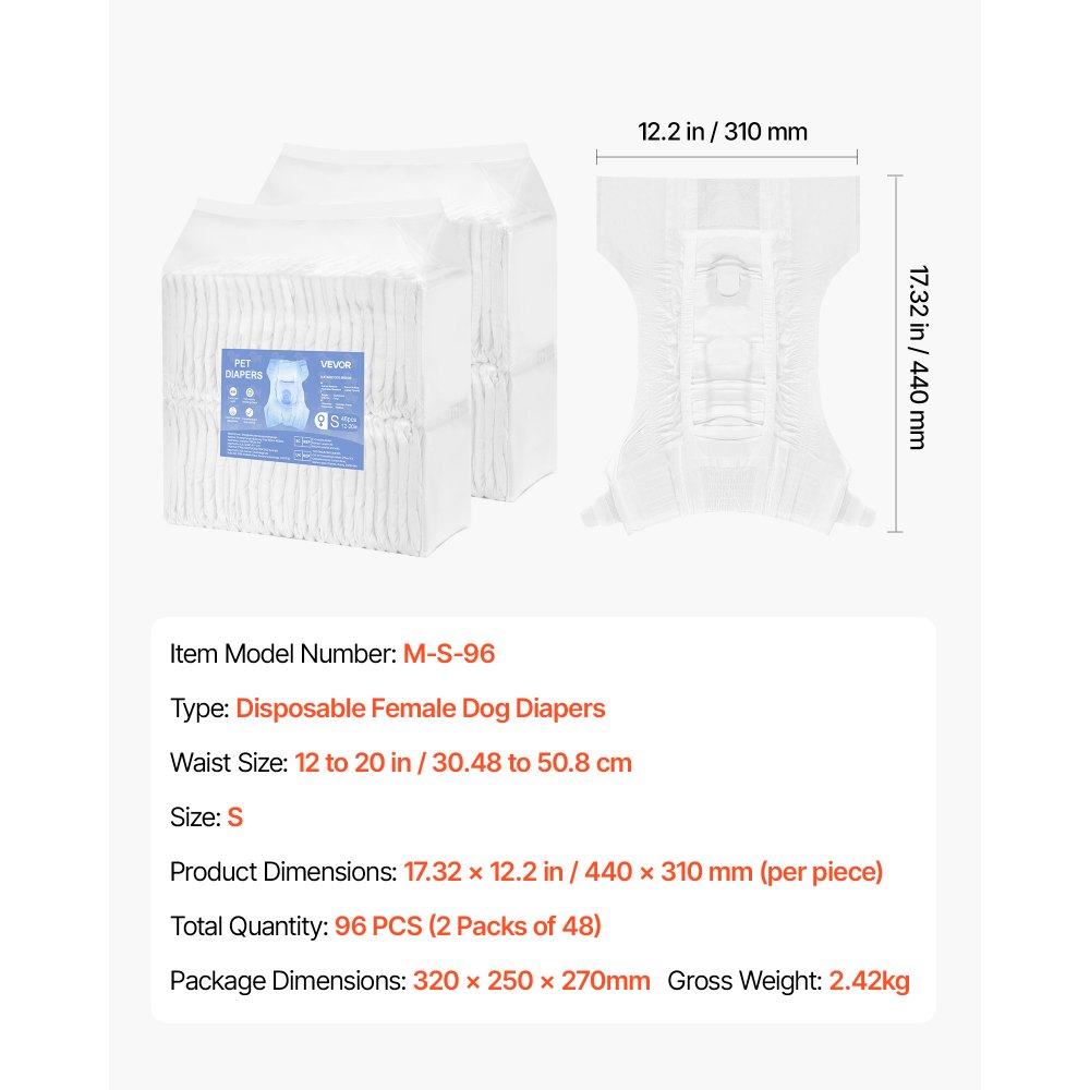 VEVOR Hundewindeln, 30,48–50,8 cm Taillenumfang, Einwegwindeln, 360° Auslaufschutz mit Nässeindikator für Hündin, nach Operationen, Training, Inkontinenz, S, 96 Stück (2 Packungen mit 48 Stück)