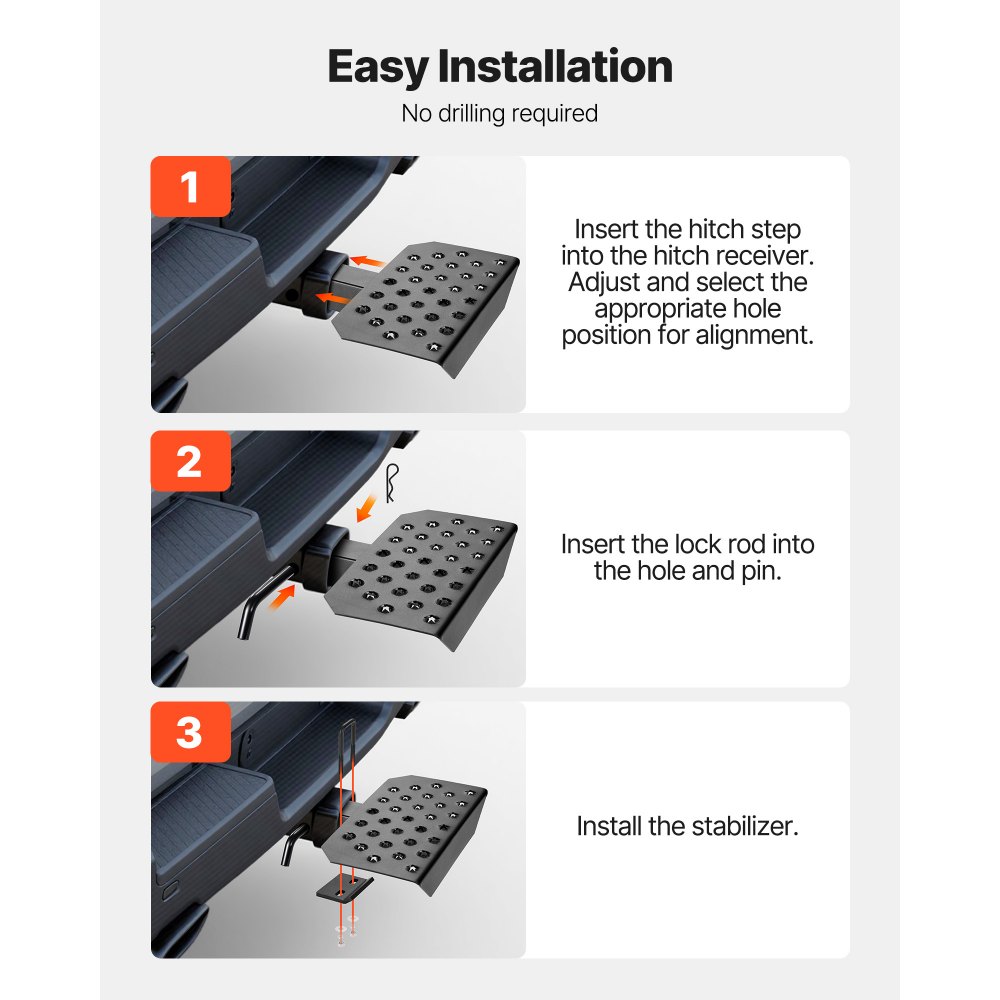 VEVOR Hitch Step for 5 cm Receiver, Universal Rear Bumper Guard Protector with 159 kg Load Capacity, Wide & Non-Slip Tow Hitch Step with Pin Kit and Stabilizer, Fit for Truck, SUV, Pickup, Trailer