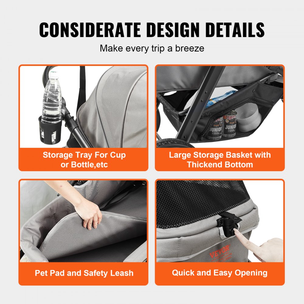VEVOR Hundebuggy 97x65x101cm Hundewagen 34kg Tragfähigkeit Faltbarer Hundetrolley Aluminium-Rahmen 800D Oxford-Gewebe Nylon-Netzfenster 3 PU-Räder Hundebox Tierbuggy Katzenbuggy Haustier Transport