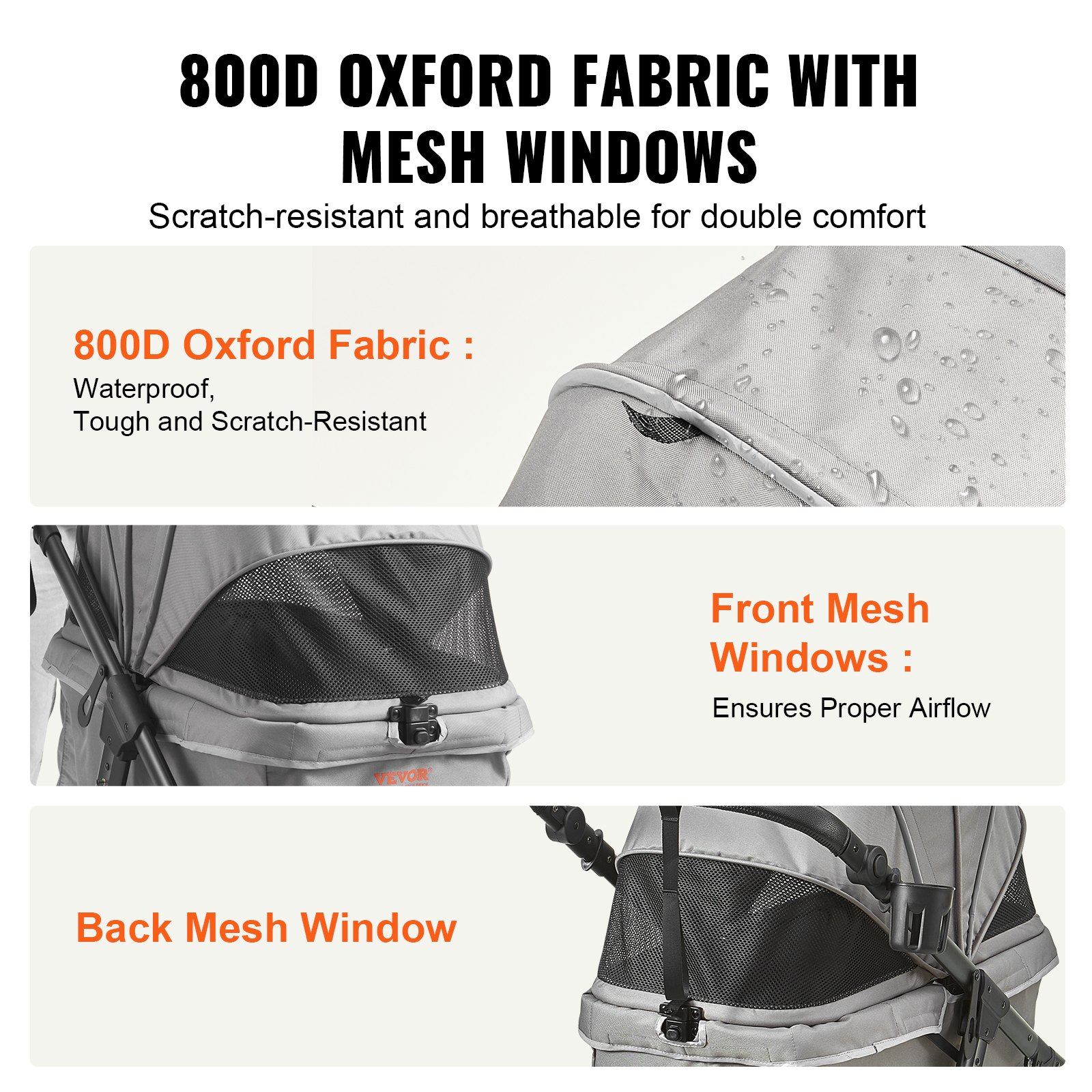 VEVOR Hundebuggy 97x65x101cm Hundewagen 34kg Tragfähigkeit Faltbarer Hundetrolley Aluminium-Rahmen 800D Oxford-Gewebe Nylon-Netzfenster 3 PU-Räder Hundebox Tierbuggy Katzenbuggy Haustier Transport