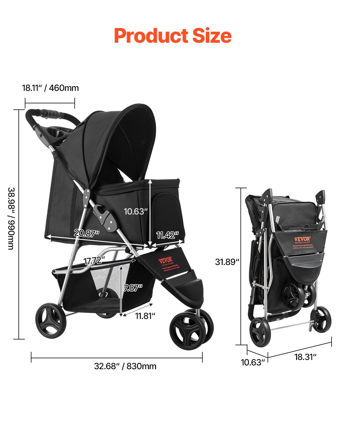 VEVOR Dog Stroller, 16 kg Load Capacity, Foldable Pet Buggy, Cat Stroller with 3 Wheels, Mesh Windows & Cup Holders, Dog Stroller with Brake, for Small to Medium-Sized Pets