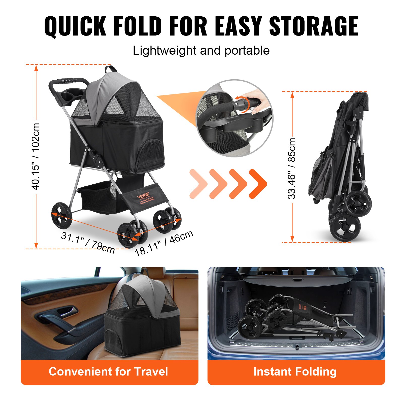 VEVOR Hundebuggy 79x46x102cm Hundewagen 16kg Tragfähigkeit Faltbar Hundetrolley Aluminium-Rahmen 600D Oxford-Gewebe Nylon-Netzfenster 4 EVA-Räder Hundebox Tierbuggy Katzenbuggy Haustier Transport