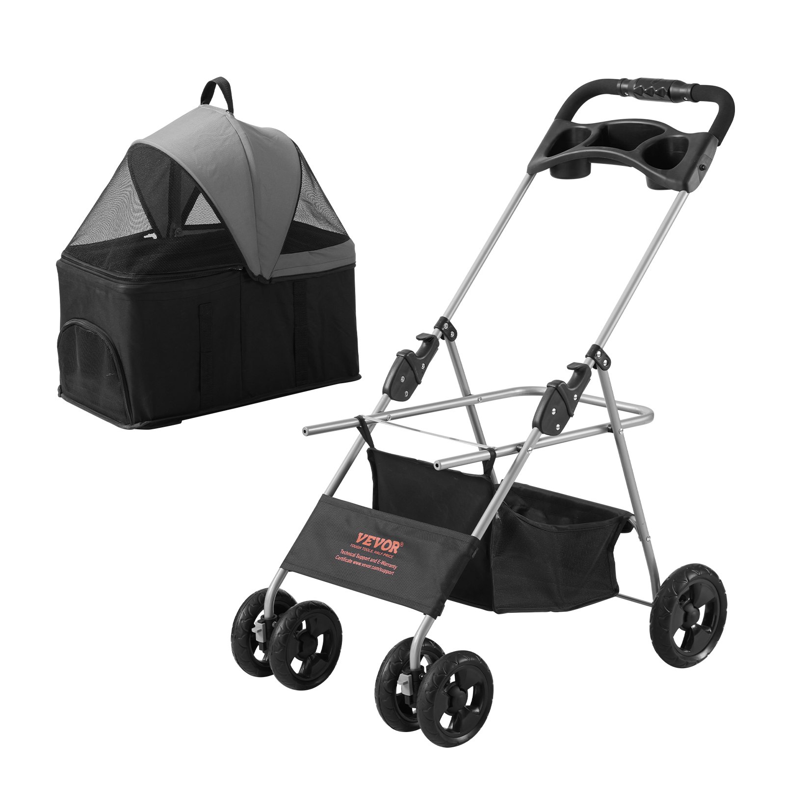 VEVOR Hundebuggy 79x46x102cm Hundewagen 16kg Tragfähigkeit Faltbar Hundetrolley Aluminium-Rahmen 600D Oxford-Gewebe Nylon-Netzfenster 4 EVA-Räder Hundebox Tierbuggy Katzenbuggy Haustier Transport