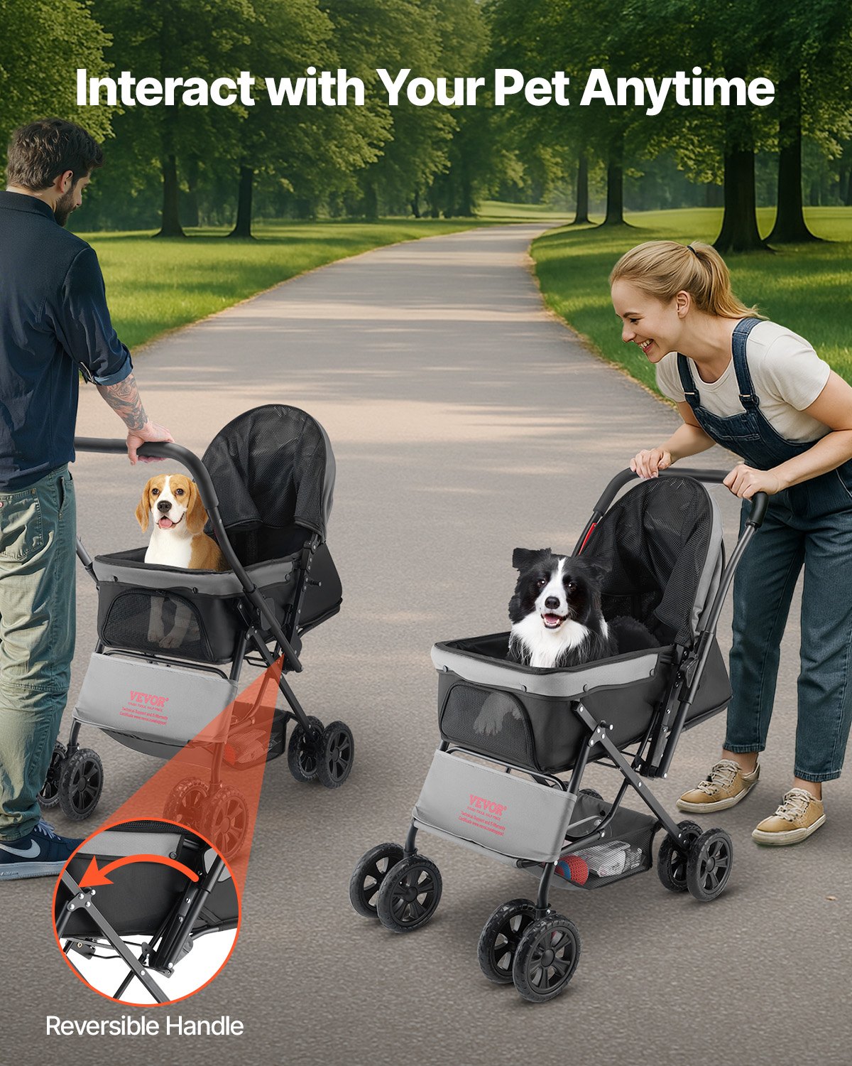 VEVOR Dog Stroller, 20 kg Load Capacity, Foldable Dog Cart, 4-Wheeled Dog Box with Mesh Windows and Reversible Handle, Pet Transport Cart with Brake, for Small to Medium-Sized Pets