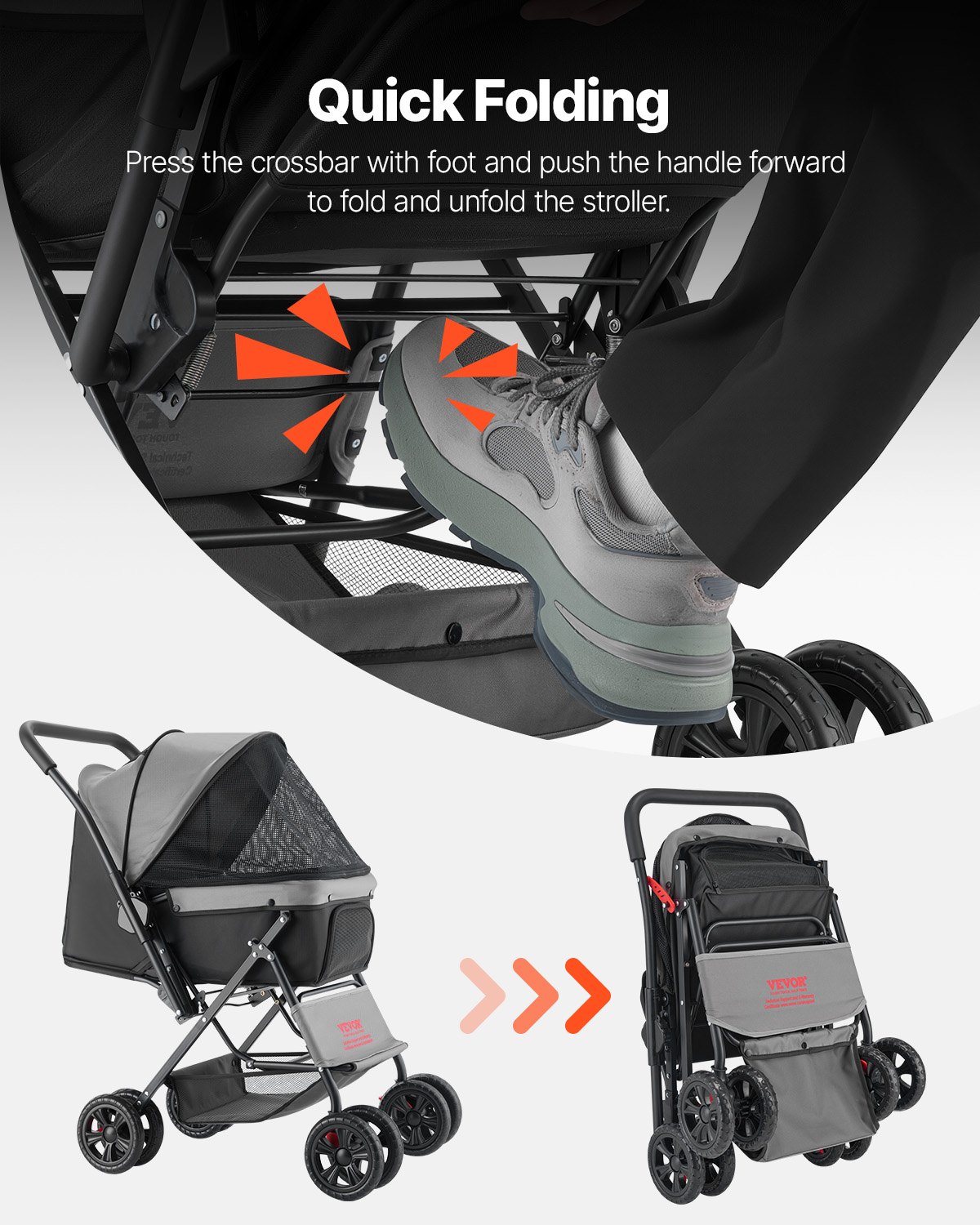 VEVOR Dog Stroller, 20 kg Load Capacity, Foldable Dog Cart, 4-Wheeled Dog Box with Mesh Windows and Reversible Handle, Pet Transport Cart with Brake, for Small to Medium-Sized Pets