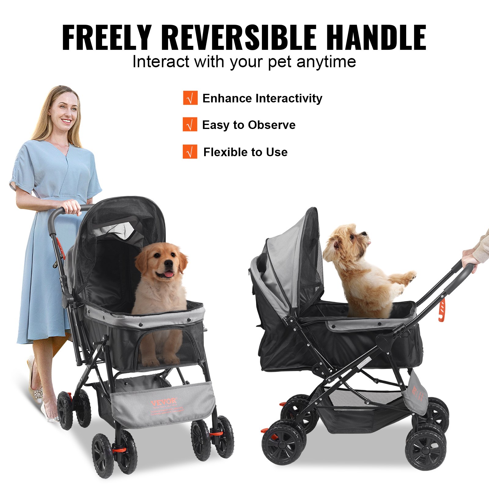 VEVOR Hundebuggy 50x85x97cm Hundewagen 20kg Tragfähigkeit Faltbarer Hundetrolley Aluminium-Rahmen 600D Oxford-Gewebe Nylon-Netzfenster 4 EVA-Räder Hundebox Tierbuggy Katzenbuggy Haustier Transport