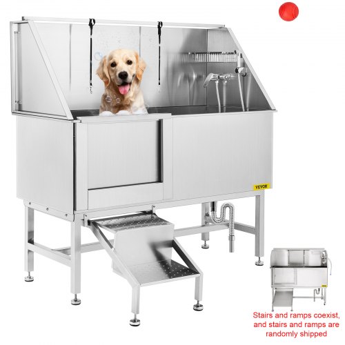 VEVOR Haustierpflegewanne Edelstahl 150,4x70,3x147cm Hundebadewanne Links Schiebetür Treppe Wanne für Haustier mit max.Länge von 149,9cm Hundewaschstation ideal für Tierklinik Haustier-Schönheitssalo