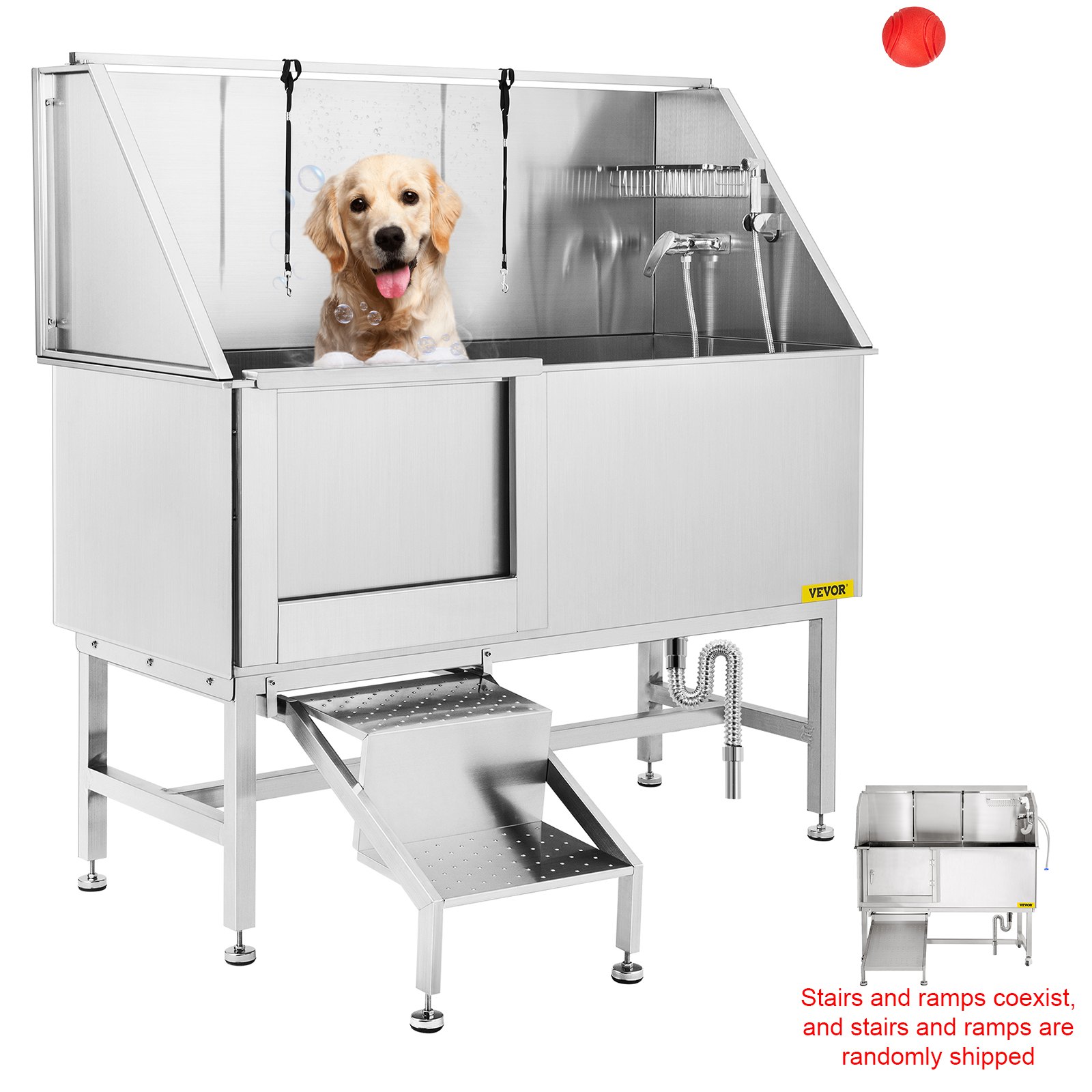 VEVOR Haustierpflegewanne Edelstahl 150,4x70,3x147cm Hundebadewanne Links Schiebetür Treppe Wanne für Haustier mit max.Länge von 149,9cm Hundewaschstation ideal für Tierklinik Haustier-Schönheitssalo