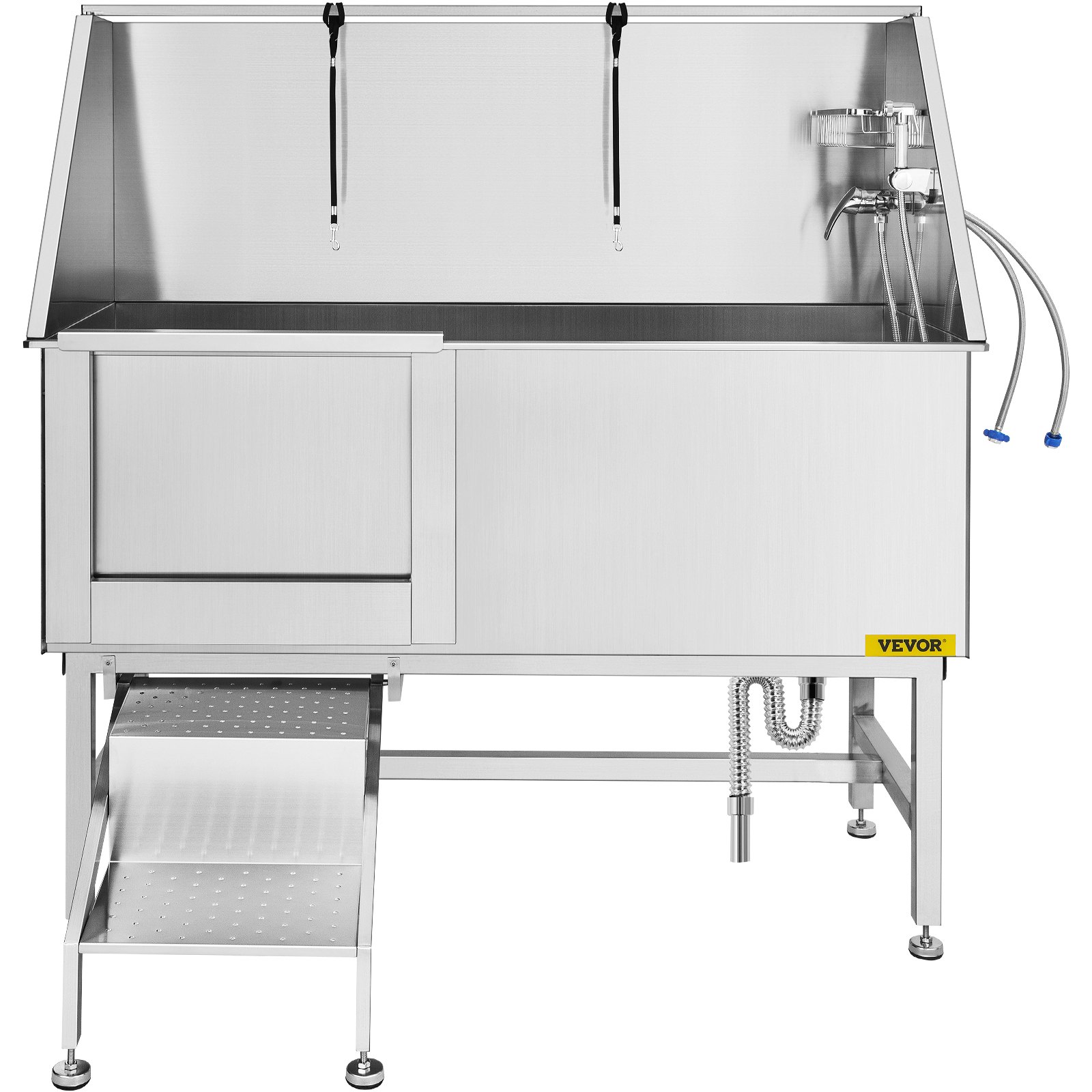 VEVOR Haustierpflegewanne Edelstahl 150,4x70,3x147cm Hundebadewanne Links Schiebetür Treppe Wanne für Haustier mit max.Länge von 149,9cm Hundewaschstation ideal für Tierklinik Haustier-Schönheitssalo