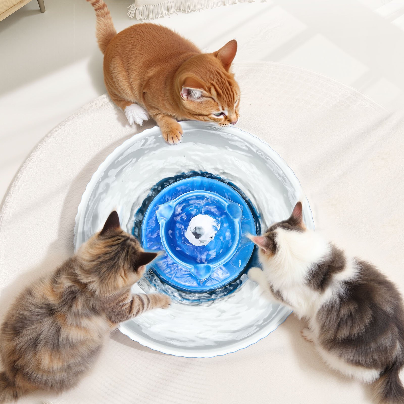 VEVOR Katzenbrunnen, 2,1 L, Keramik-Trinkbrunnen, mit leiser 1,5-W-Pumpe, 360°-Zugangsbereich, mehrschichtiges Filtersystem, Wasserbrunnen für Haustiere, Katzen, Hunde, Blau, φ240x130 mm