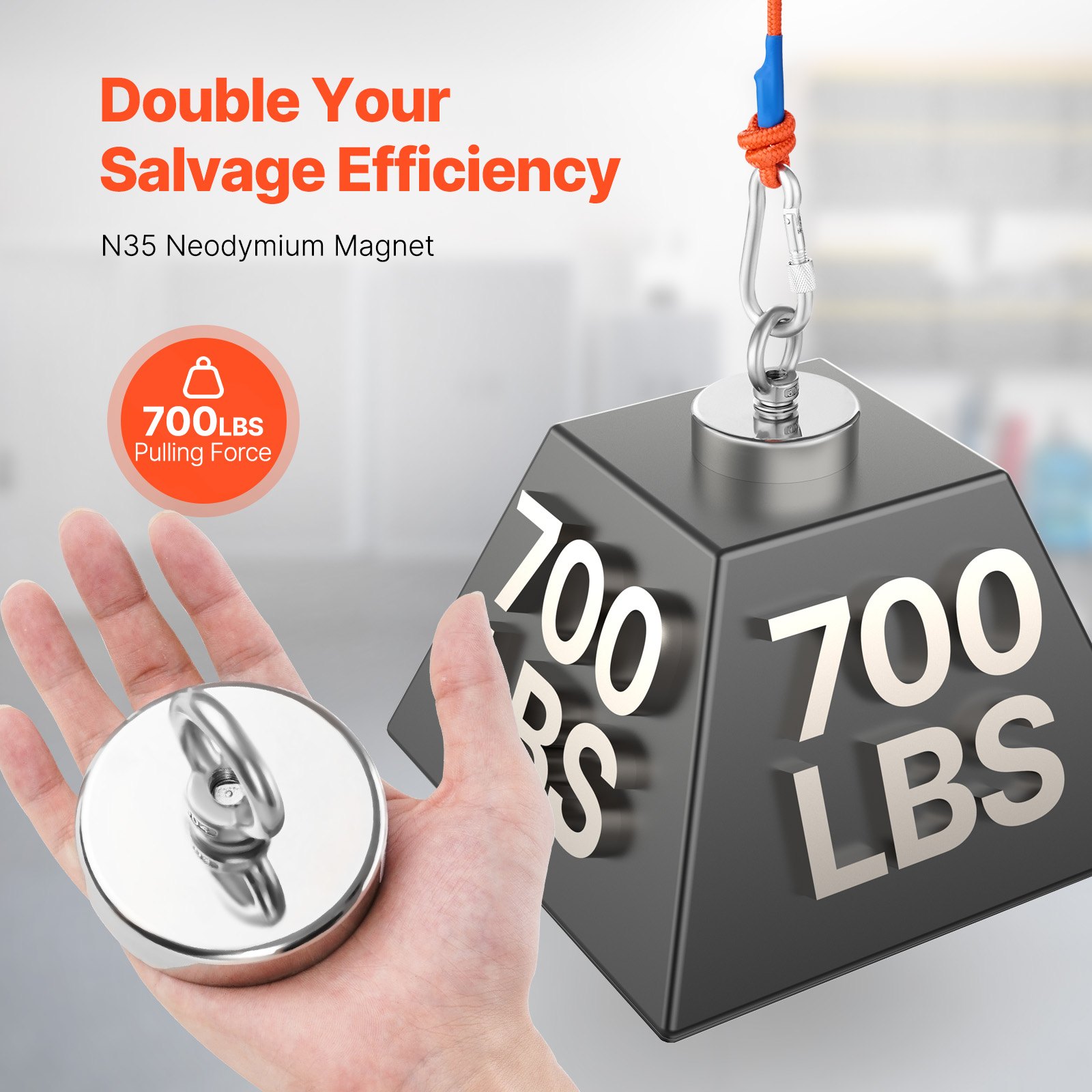 VEVOR Magnet-Angelset Magnet Angel Kit 318 kg einzelseitige Zugkraft, Seltenerd-Neodym-Magnet-Angelset 60 mm zum Einholen im Fluss Magnetfischen schweres Aufhängen