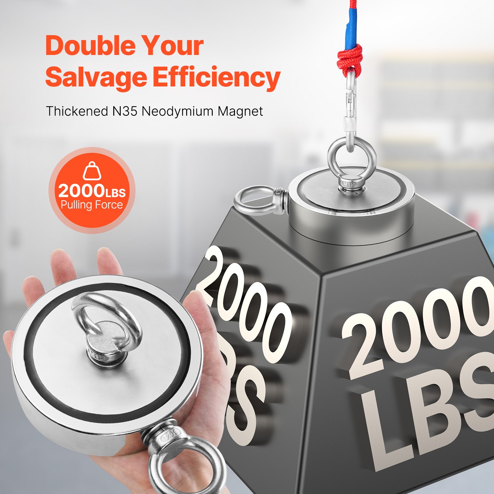 VEVOR Magnet-Angelset Magnet Angel Kit (Rot) 907 kg doppelseitige Zugkraft, Seltenerd-Neodym-Magnet-Angelset inkl. Haken Hochleistungsseil Handschuhe (Schwarz) Ringschraube